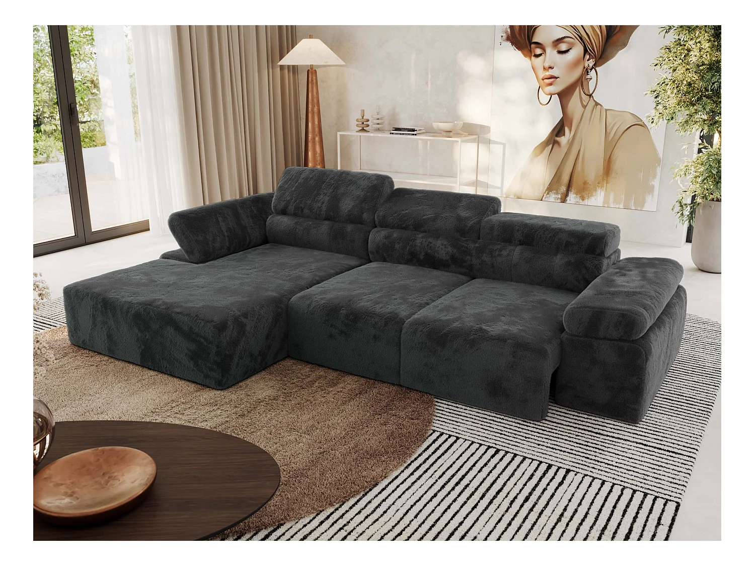 Ecksofa RILASSO - L-förmige Ecke mit Relax-funktion, elektrisch verstellbarer Sitz, Armlehnen - Dunkelgrau Plüsch - Ecke Links