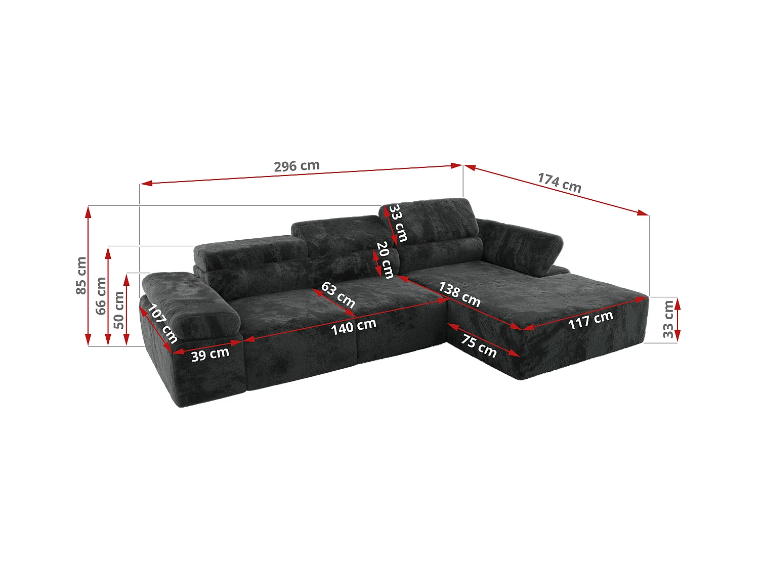 Ecksofa RILASSO - L-förmige Ecke mit Relax-funktion, elektrisch verstellbarer Sitz, Armlehnen - Dunkelgrau Plüsch - Ecke Links