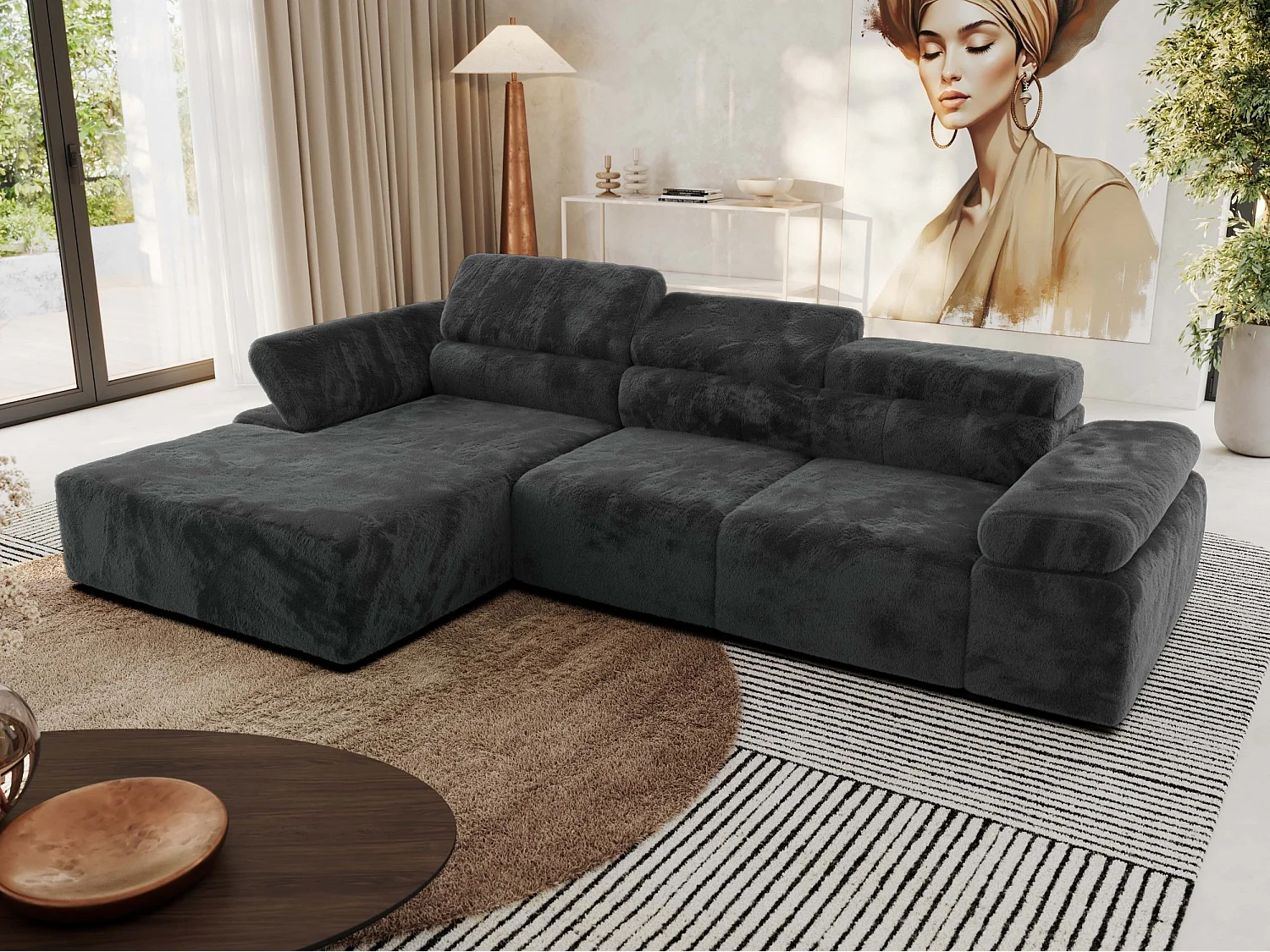 Ecksofa RILASSO - L-förmige Ecke mit Relax-funktion, elektrisch verstellbarer Sitz, Armlehnen - Dunkelgrau Plüsch - Ecke Links