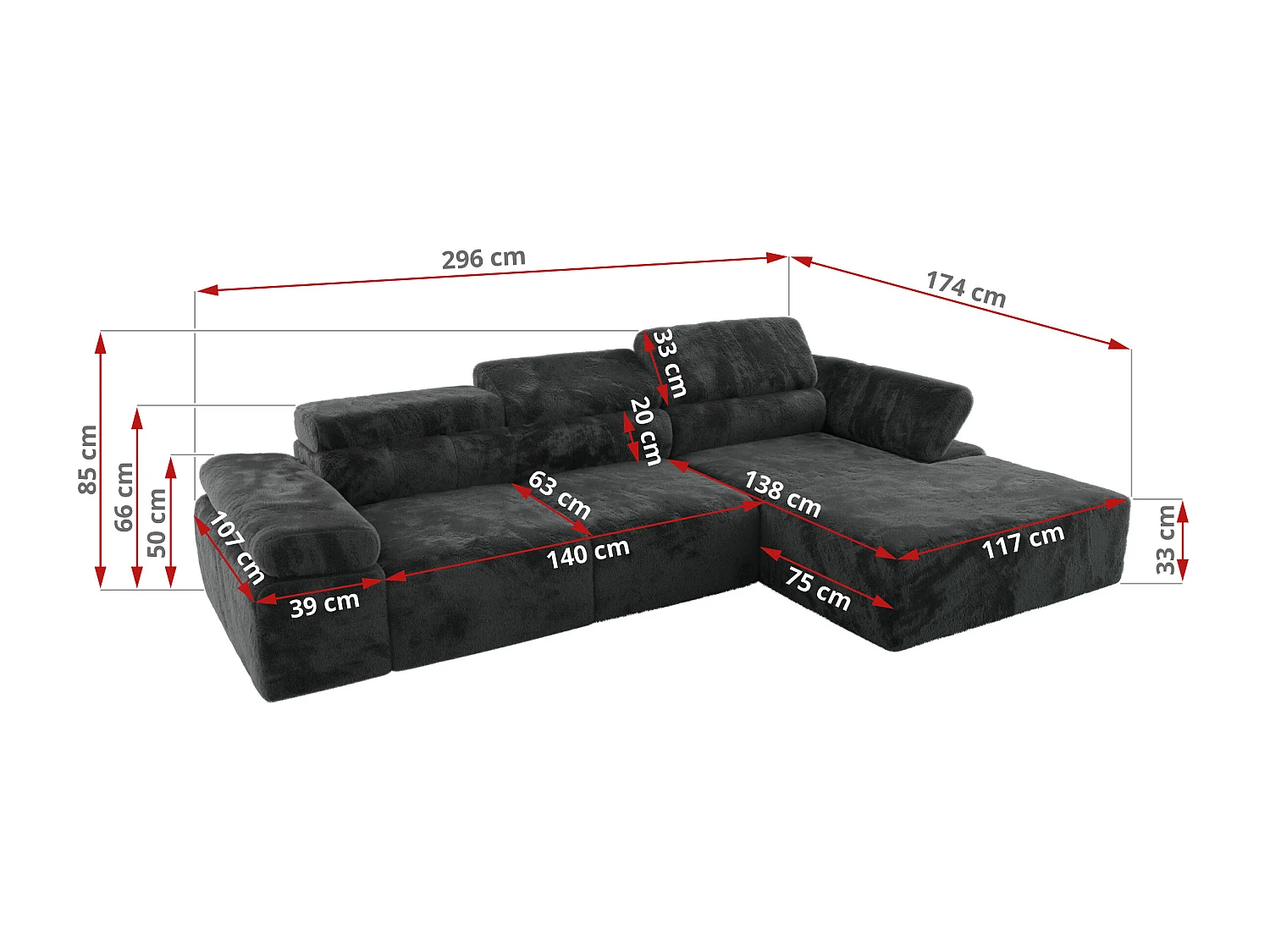 Ecksofa RILASSO - L-förmige Ecke mit Relax-funktion, elektrisch verstellbarer Sitz, Armlehnen - Dunkelgrau Plüsch - Ecke Links