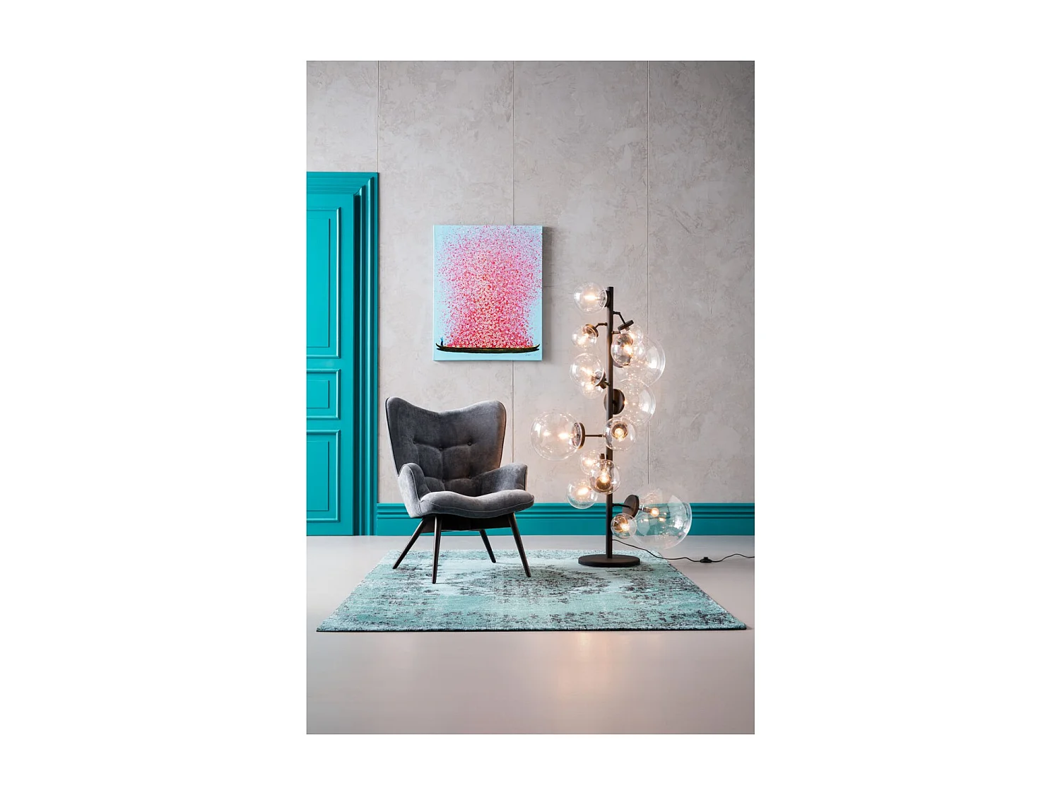 Quadro ritoccato olio Flower Boat blu-rosa 80x100