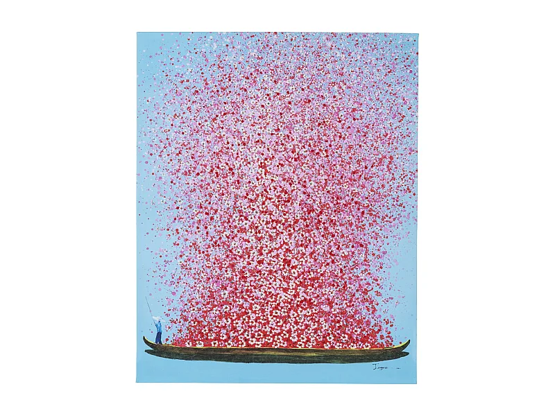 Quadro ritoccato olio Flower Boat blu-rosa 80x100