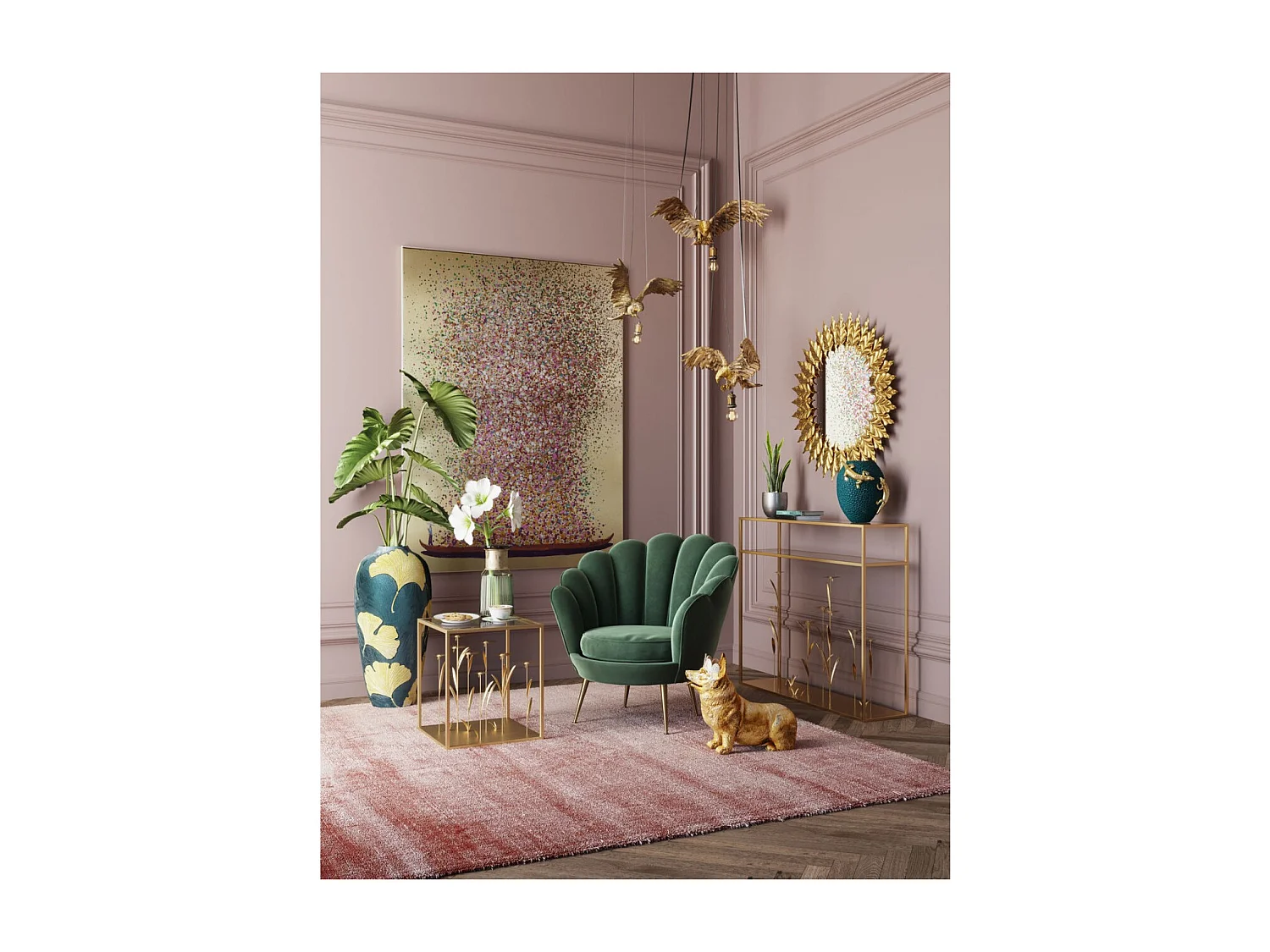 Quadro ritoccato olio Flower Boat oro-rosa 120x160