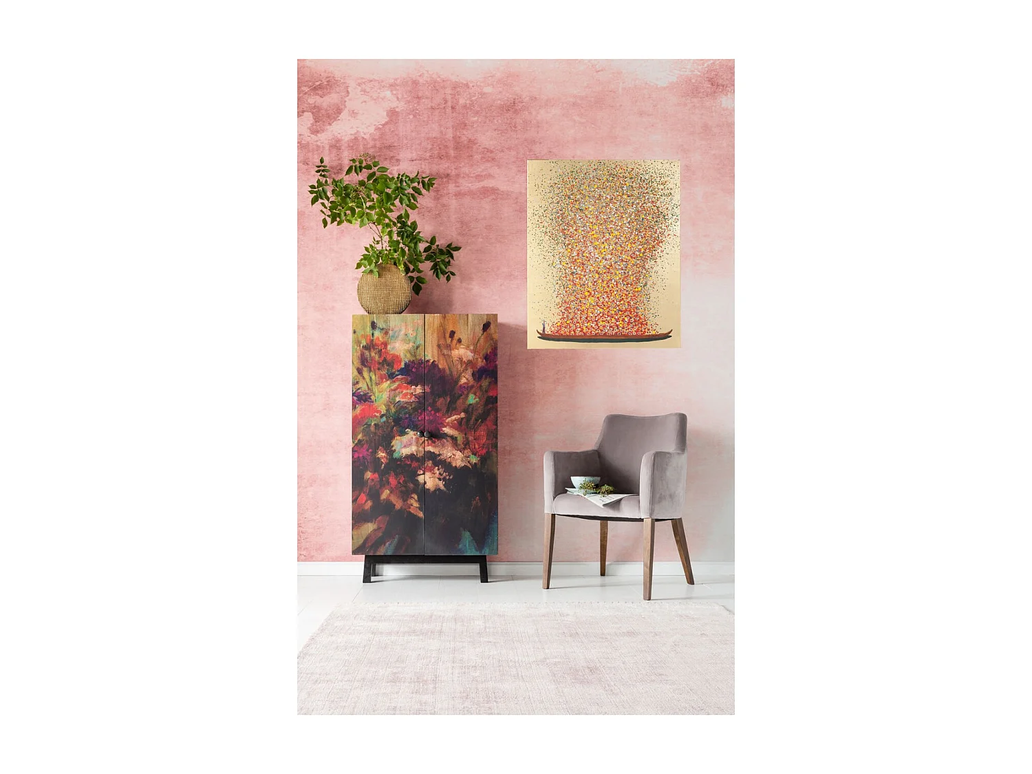 Quadro ritoccato olio Flower Boat oro-rosso 80x100