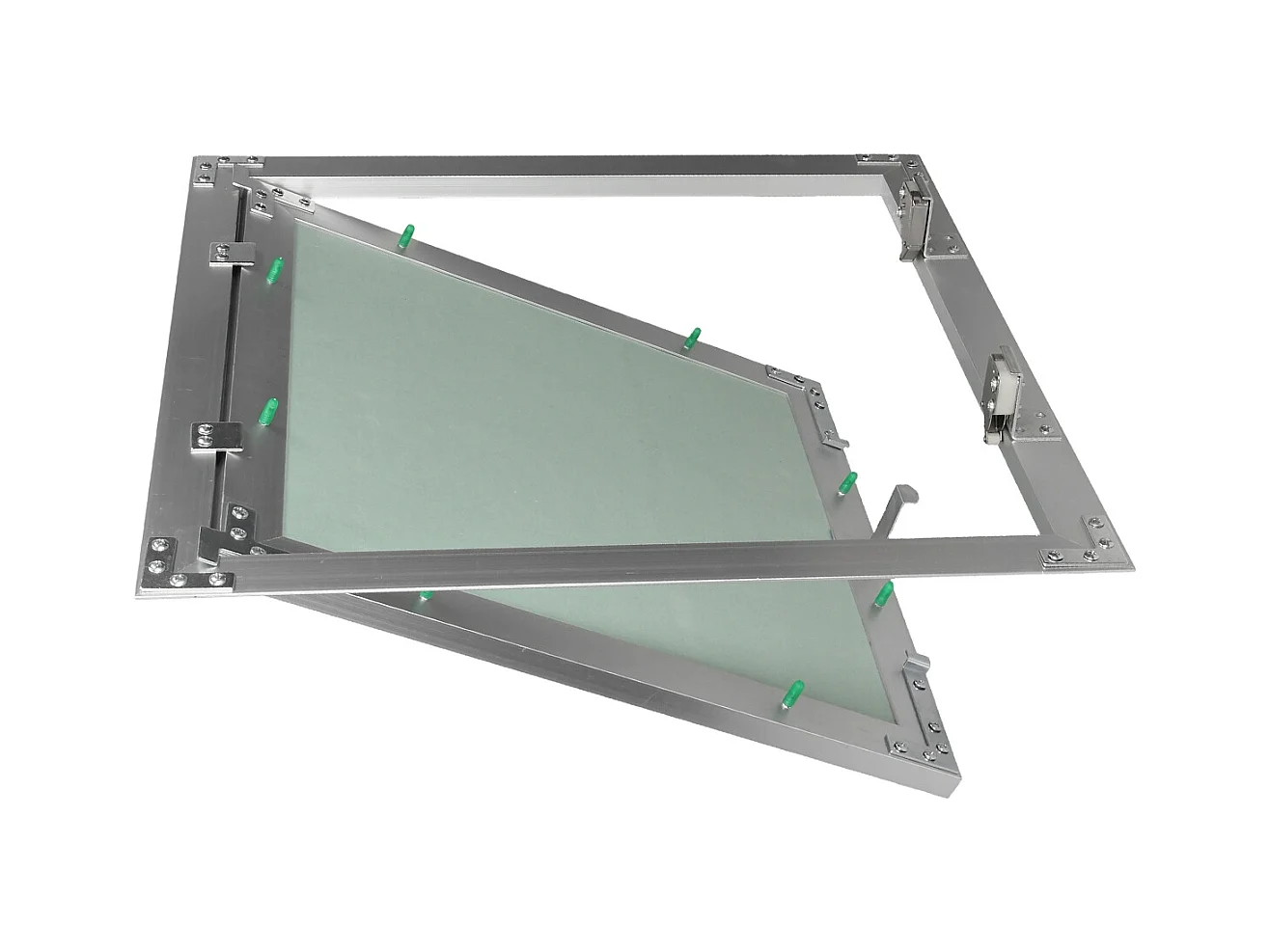 Trappe de visite 600x600 mm aluminium/vert plaque de plâtre imprégnée charnière de porte à droite/à gauche ouverture et fermeture par bouton-poussoir