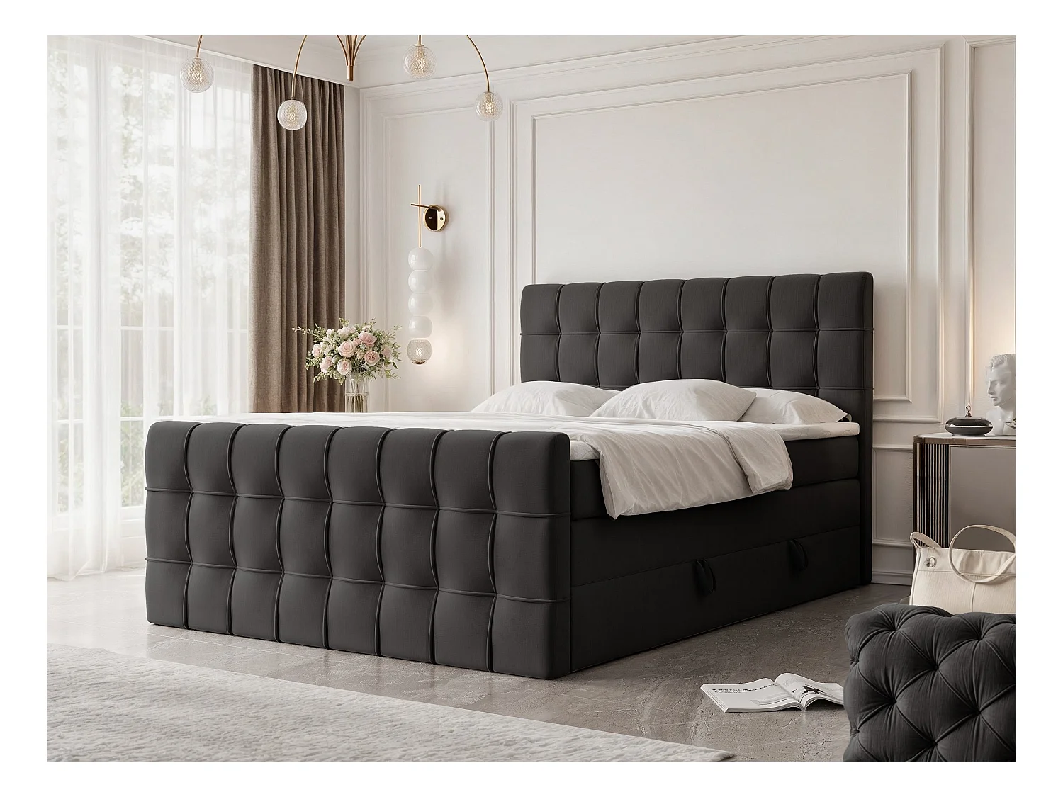 Lit continental rembourré avec surmatelas, gris anthracite - 140x200 - SANTORIO