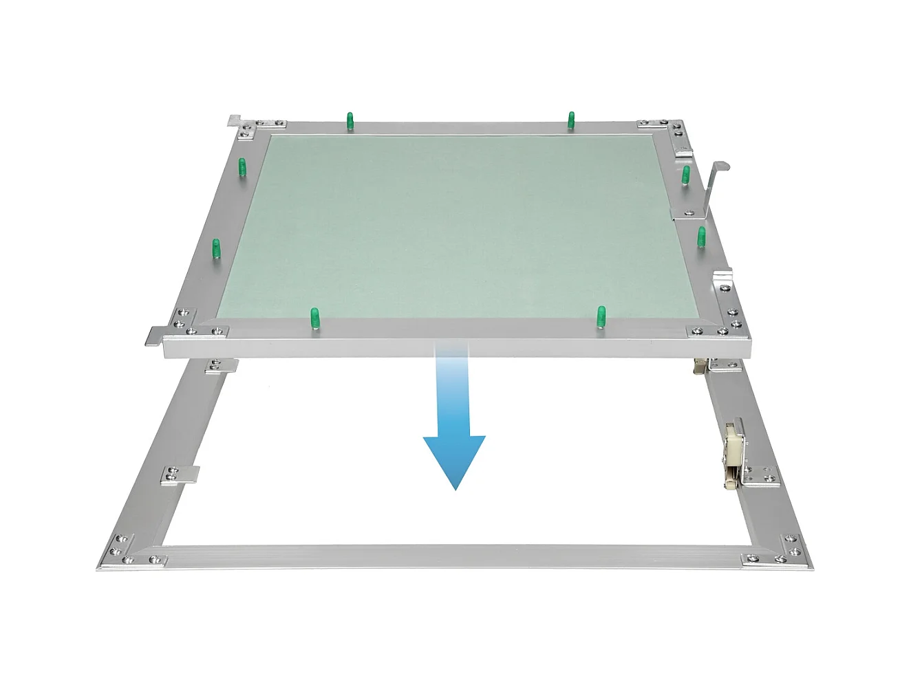Trappe de visite 500x500 mm aluminium/vert plaque de plâtre imprégnée charnière de porte à droite/à gauche ouverture et fermeture par bouton-poussoir
