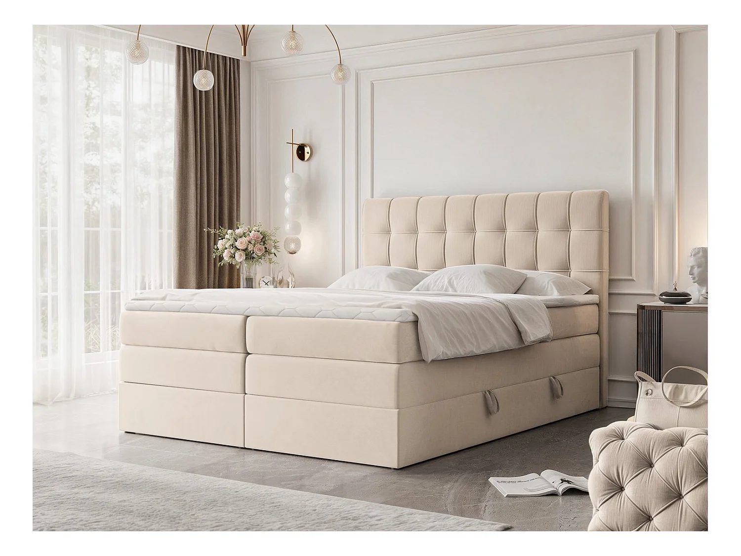 Lit continental rembourré avec surmatelas, crème - 180x200 - SANTINO