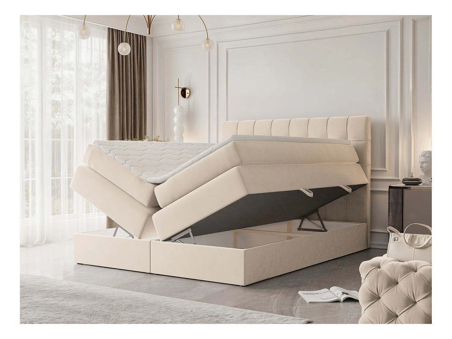 Lit continental rembourré avec surmatelas, crème - 180x200 - SANTINO