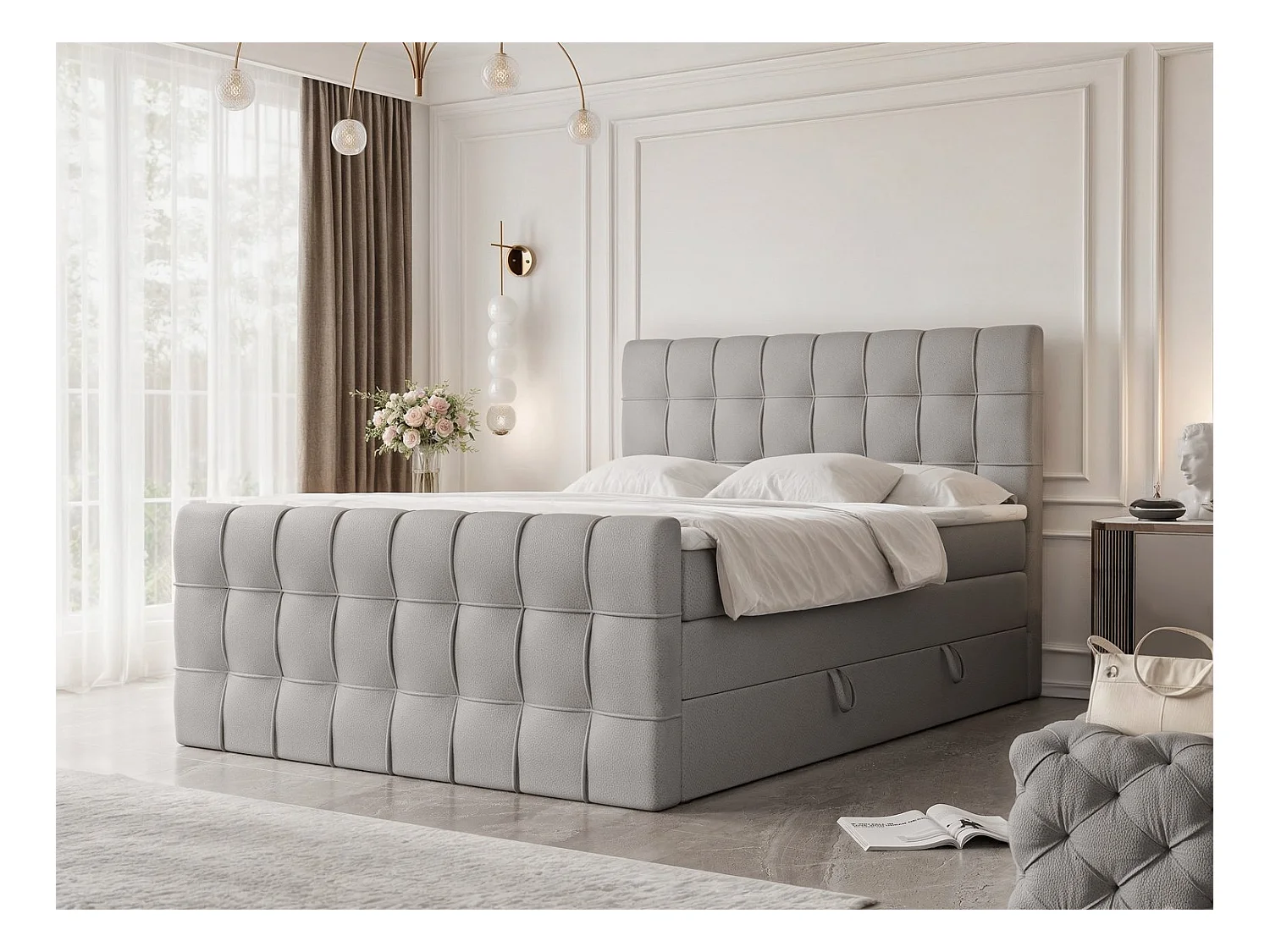 Lit continental rembourré avec surmatelas, gris  - 180x200 - SANTORIO