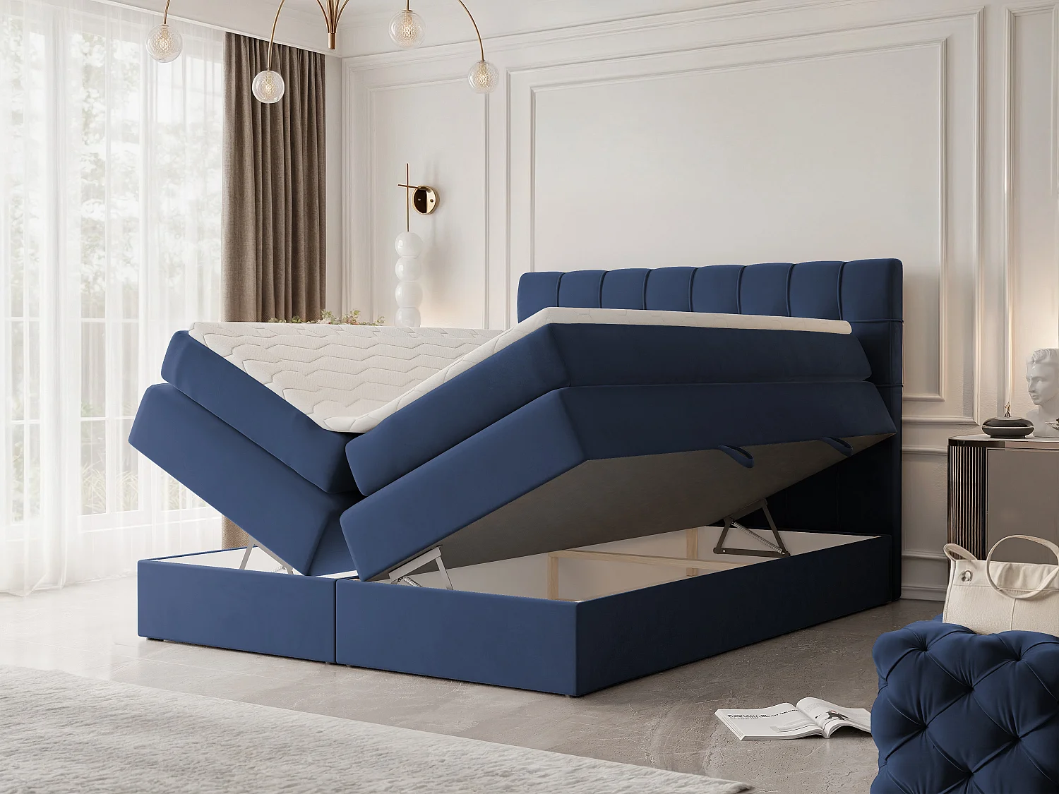 Lit continental rembourré avec surmatelas, bleu - 180x200 - SANTINO