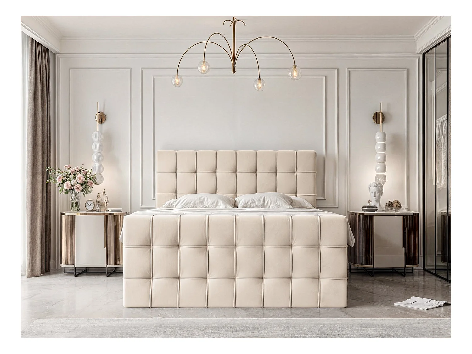 Lit continental rembourré avec surmatelas, crème - 140x200 - SANTORIO