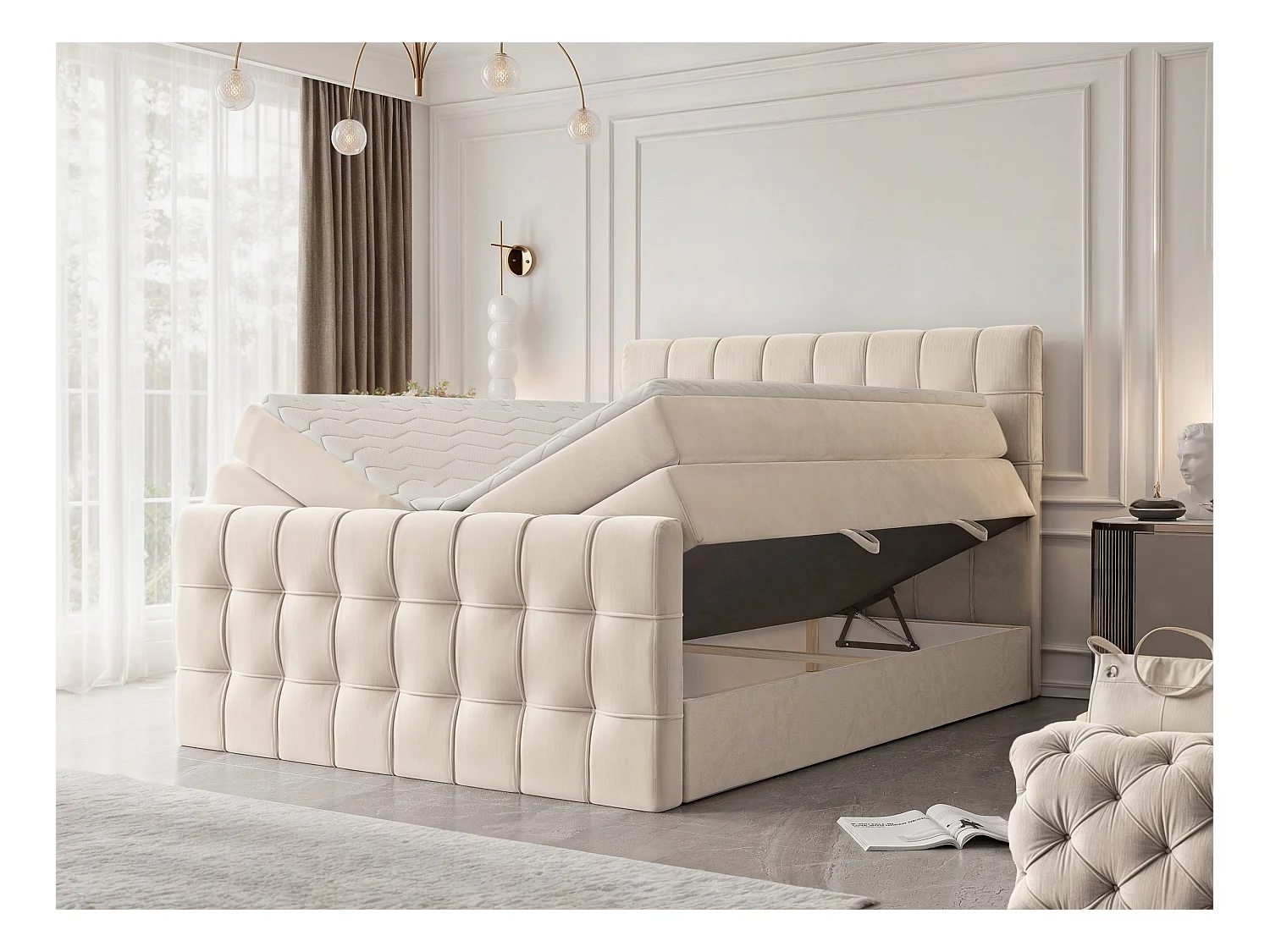 Lit continental rembourré avec surmatelas, crème - 140x200 - SANTORIO