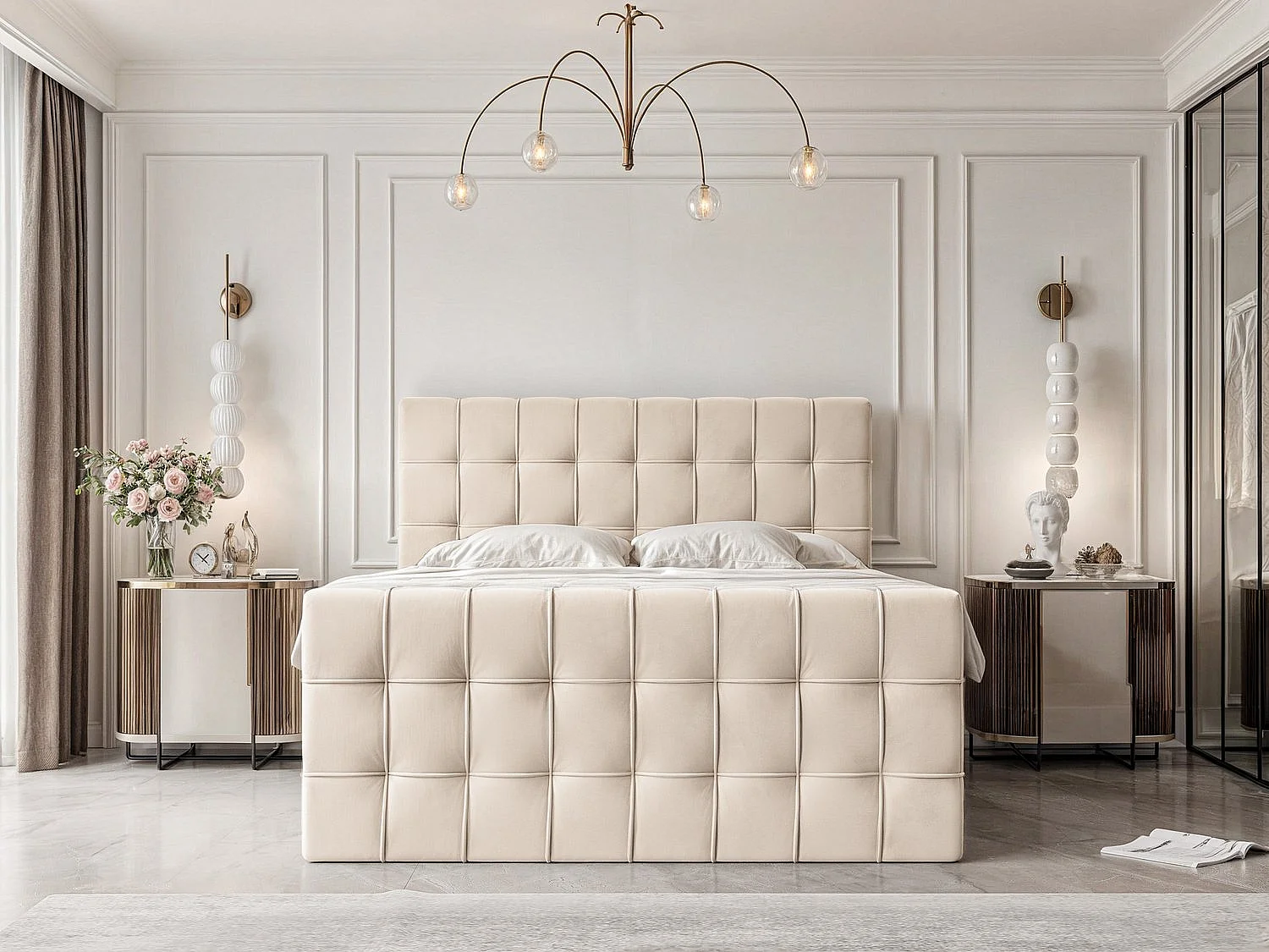 Lit continental rembourré avec surmatelas, crème - 140x200 - SANTORIO