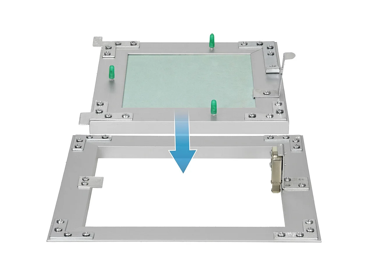 Trappe de visite 200x200 mm aluminium/vert plaque de plâtre imprégnée charnière de porte à droite/à gauche ouverture et fermeture par bouton-poussoir