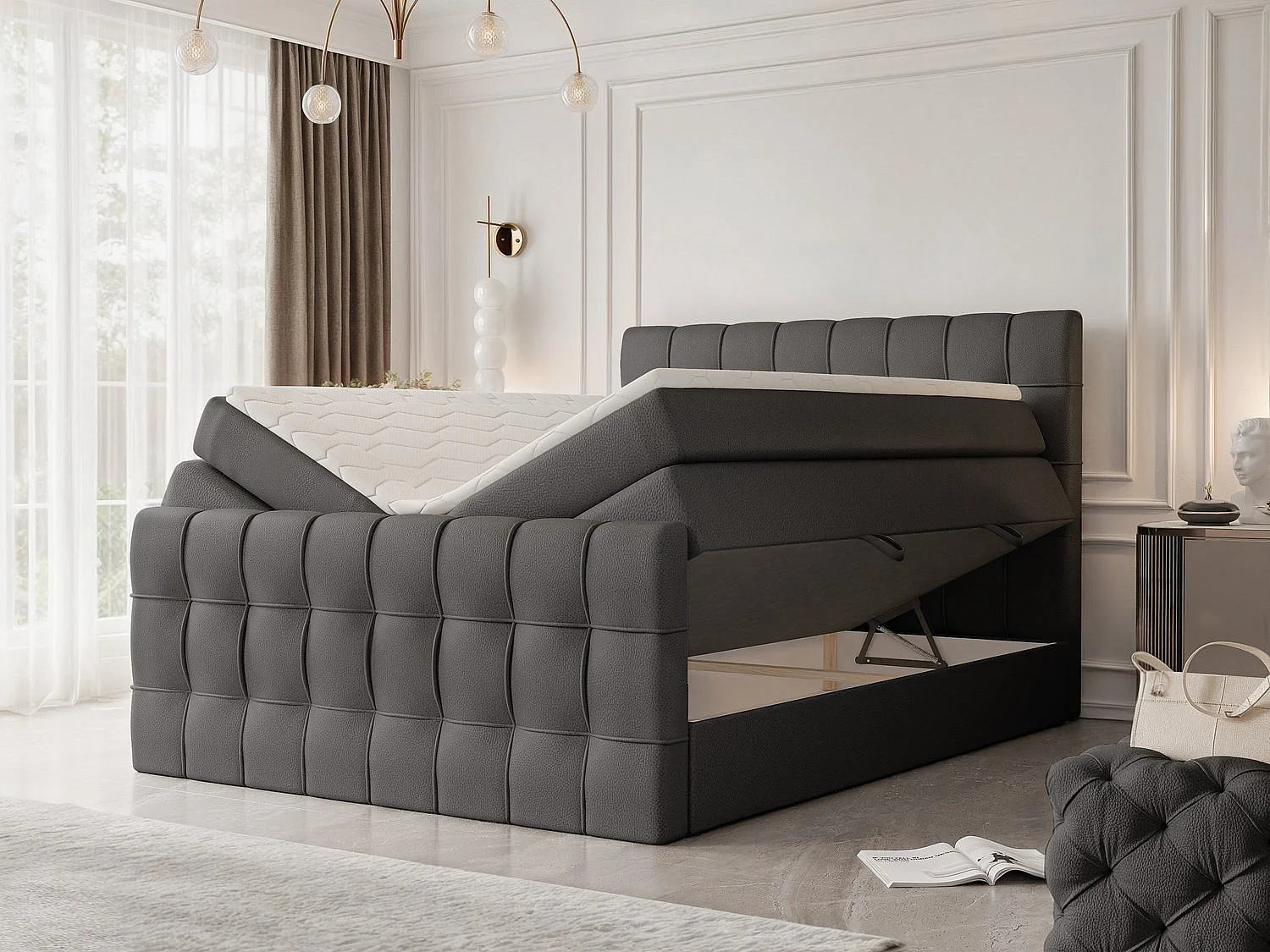 Lit continental rembourré avec surmatelas, noir  - 120x200 - SANTORIO