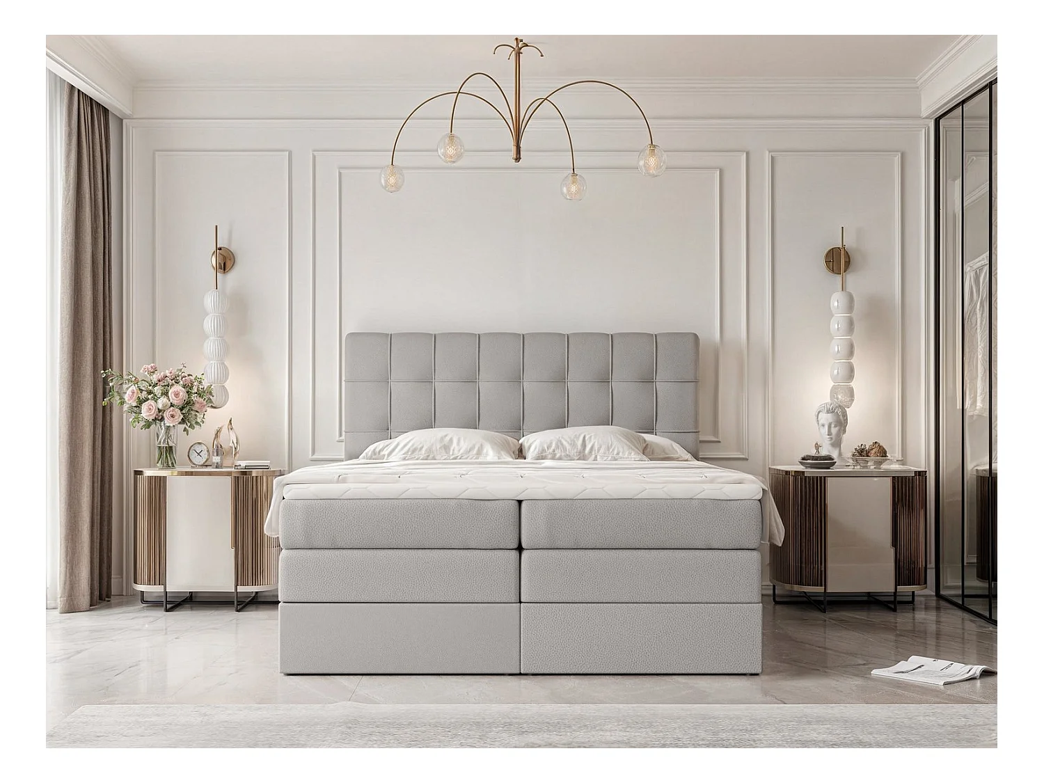 Lit continental rembourré avec surmatelas, gris  - 140x200 - SANTINO