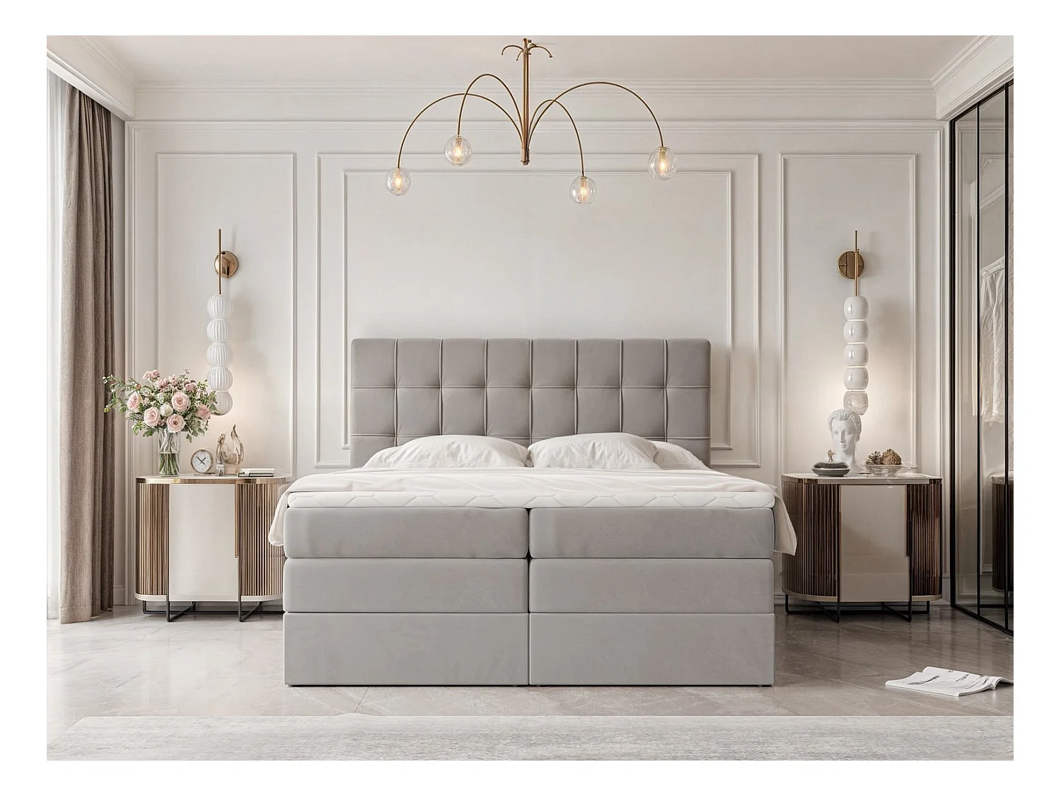 Lit continental rembourré avec surmatelas, gris - 200x200 - SANTINO