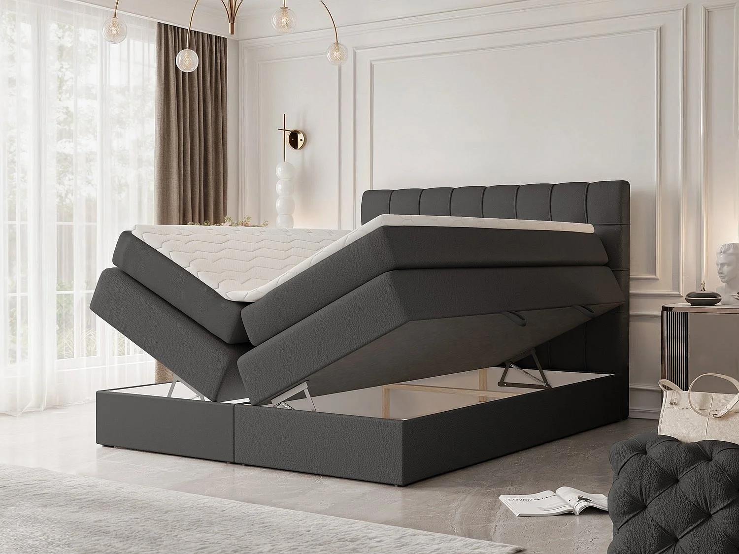 Lit continental rembourré avec surmatelas, noir  - 120x200 - SANTINO