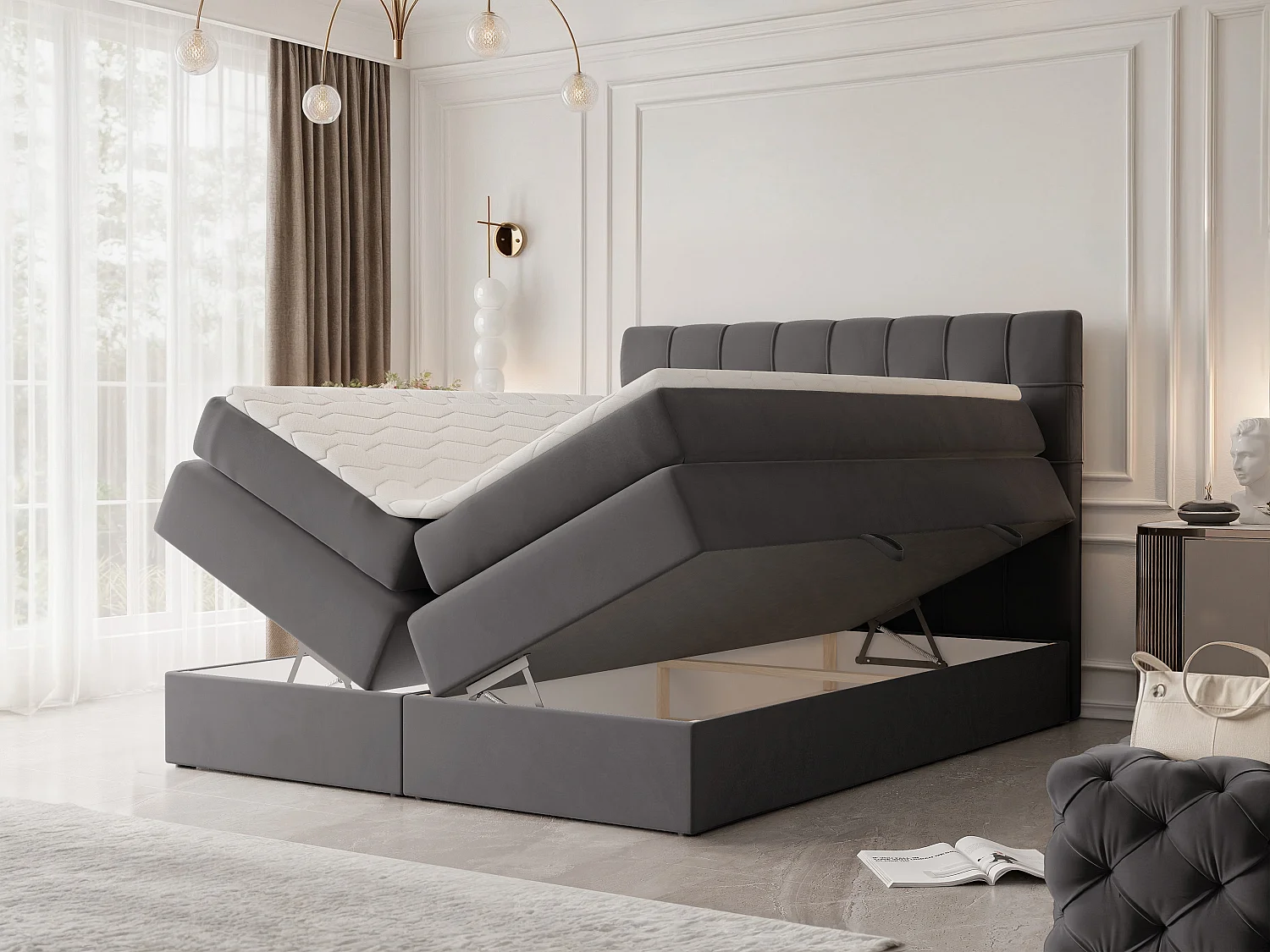 Lit continental rembourré avec surmatelas, gris anthracite - 160x200 - SANTINO