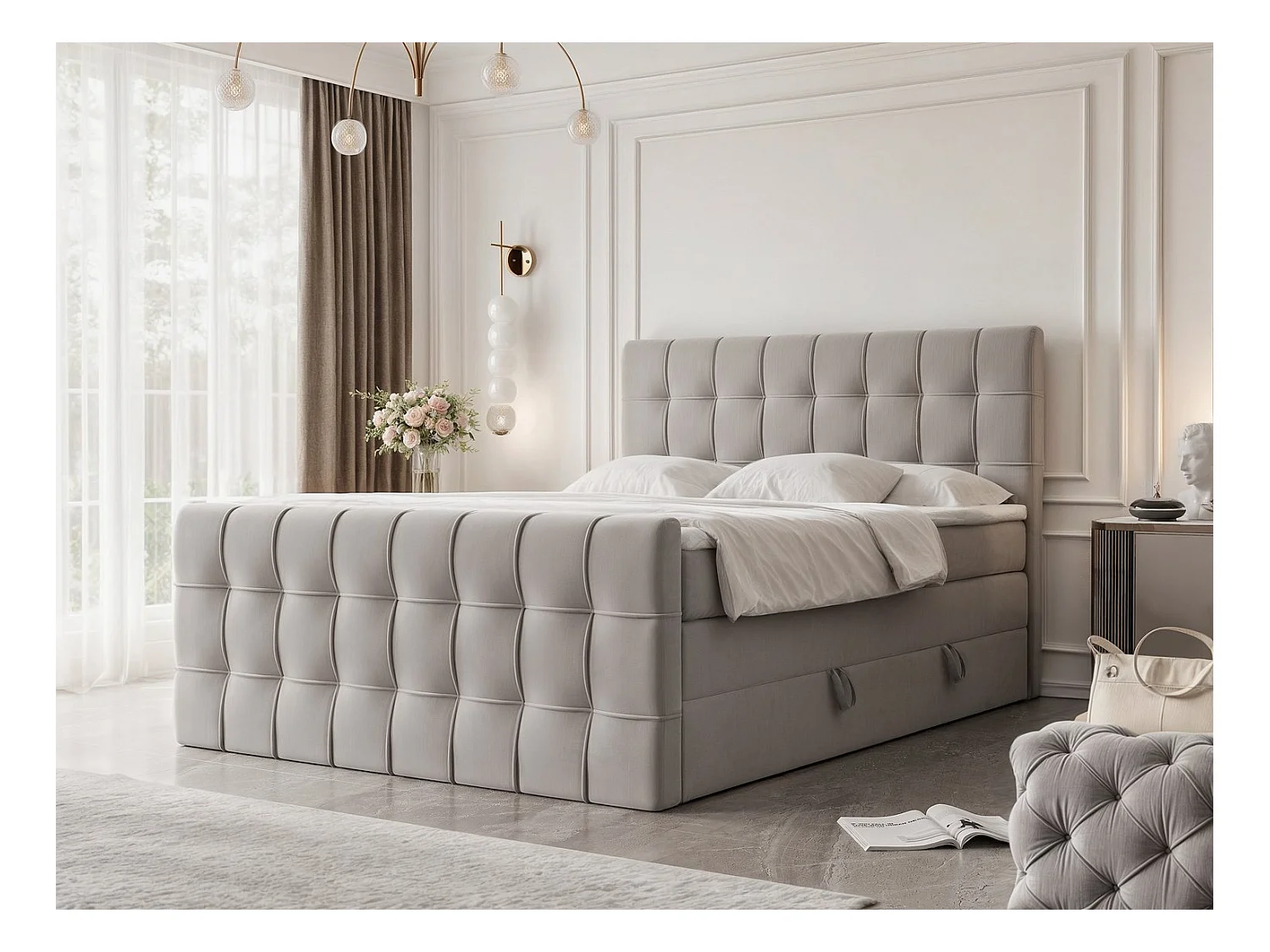 Lit continental rembourré avec surmatelas, gris - 200x200 - SANTORIO