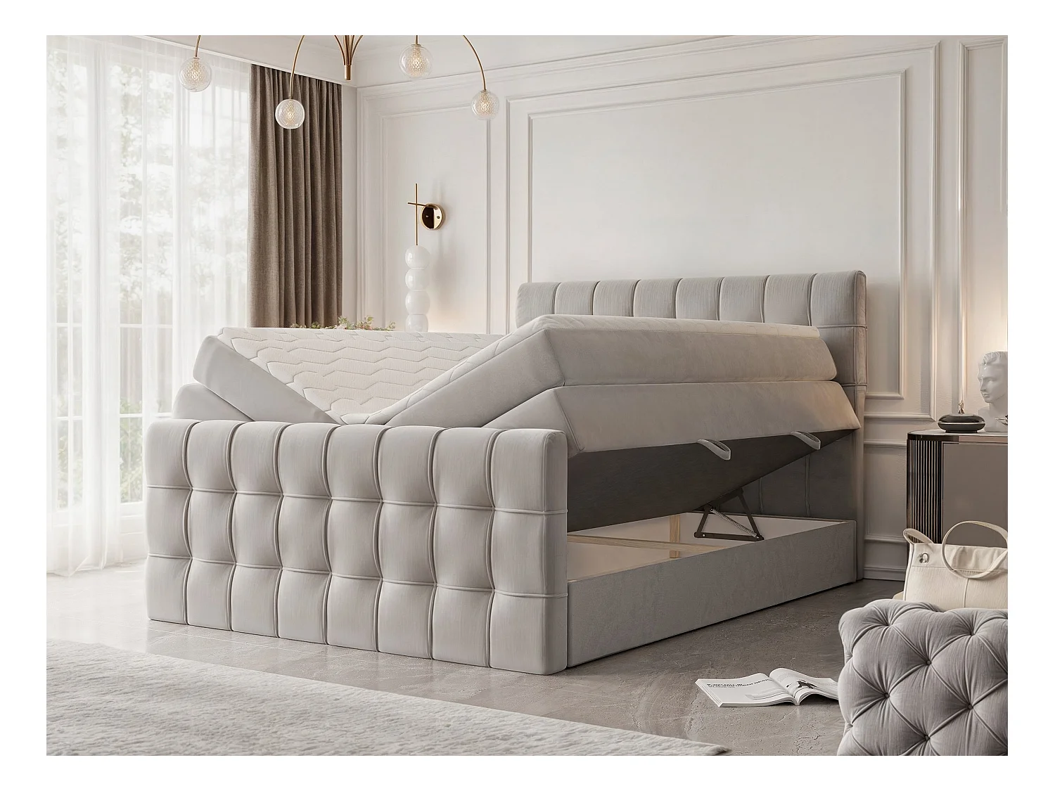 Lit continental rembourré avec surmatelas, gris - 200x200 - SANTORIO