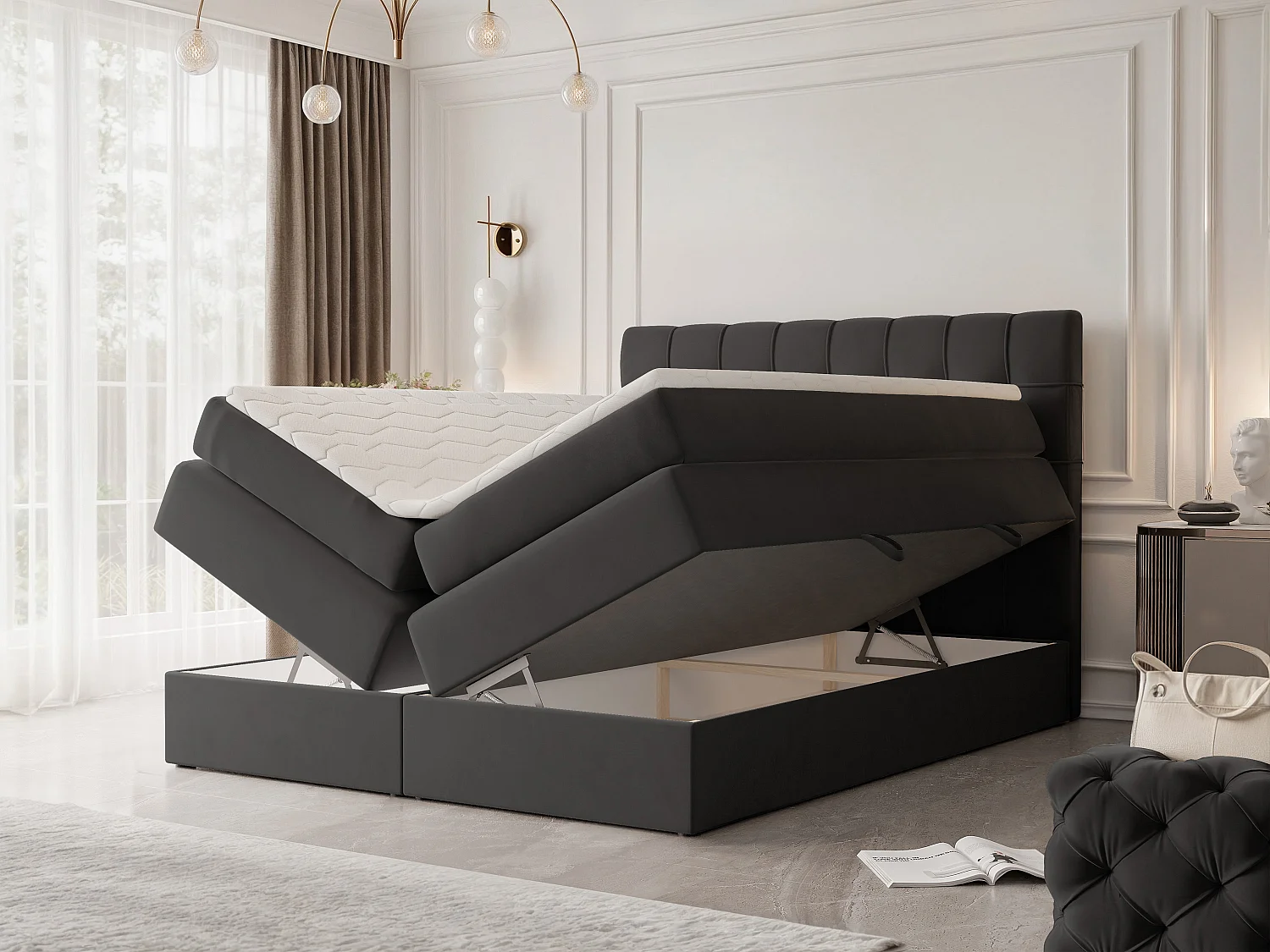 Lit continental rembourré avec surmatelas, gris anthracite - 120x200 - SANTINO