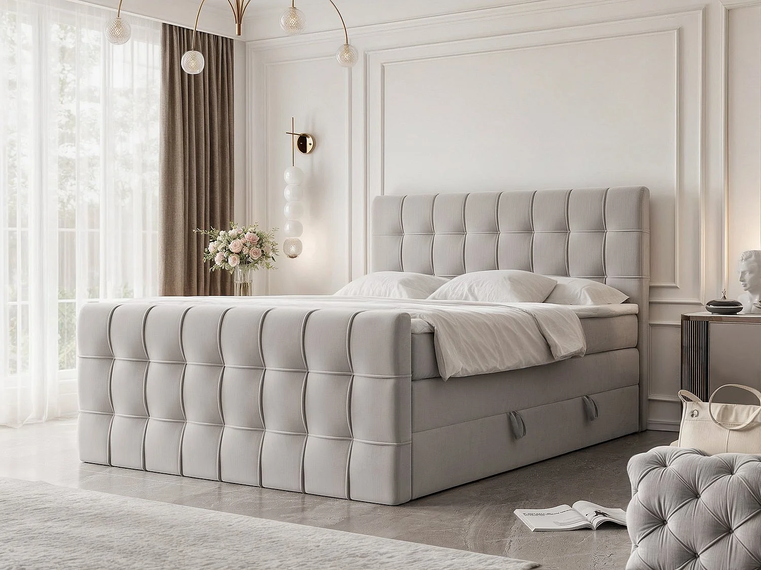 Lit continental rembourré avec surmatelas, gris clair - 180x200 - SANTORIO