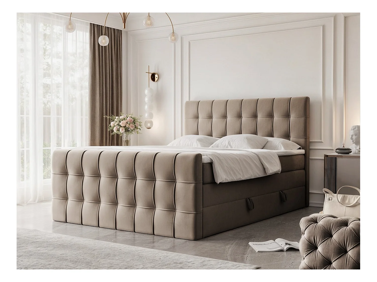 Lit continental rembourré avec surmatelas, marron - 120x200 - SANTORIO