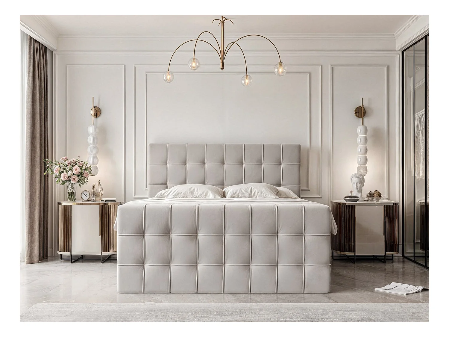 Lit continental rembourré avec surmatelas, gris clair - 120x200 - SANTORIO