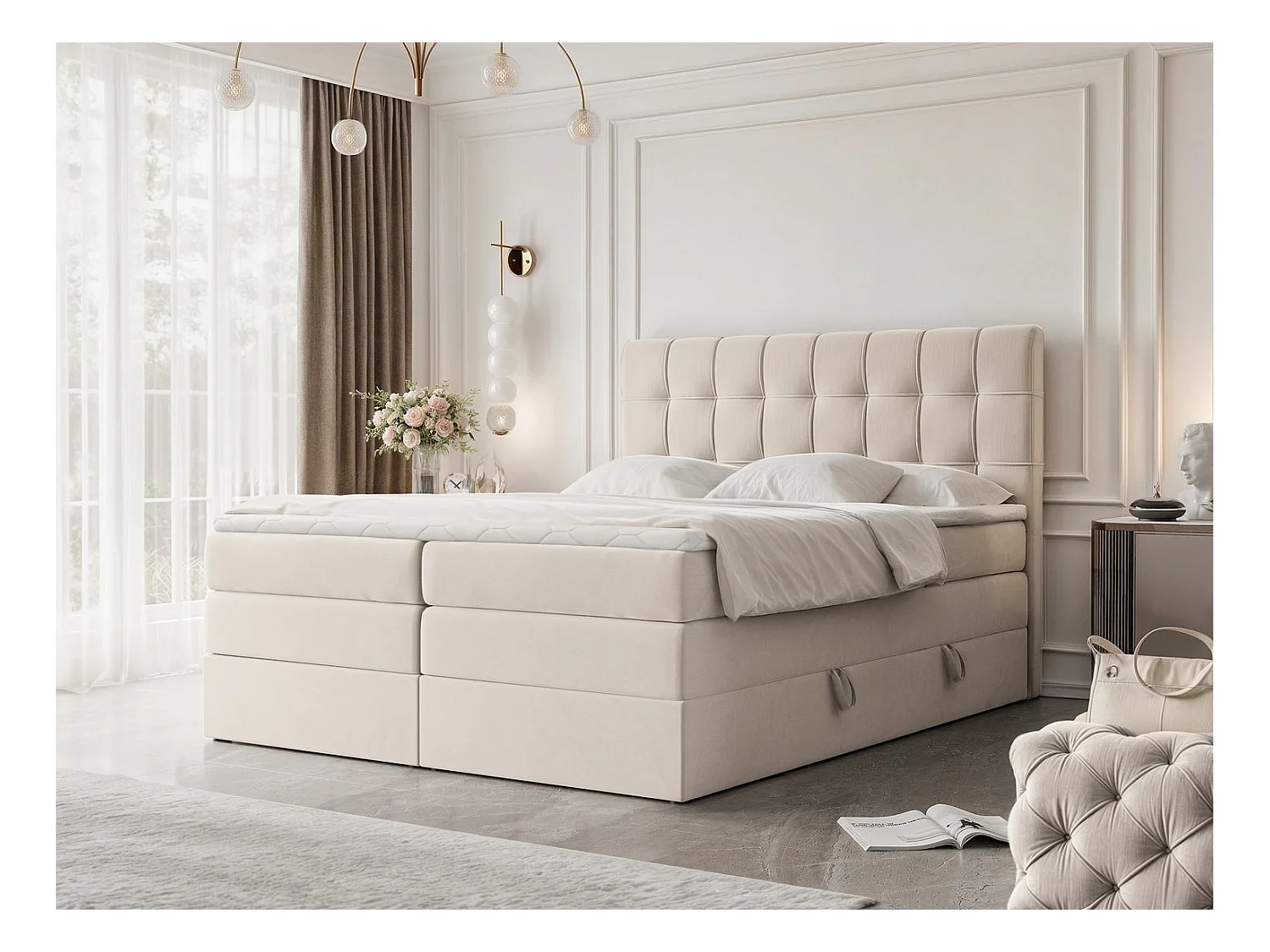 Lit continental rembourré avec surmatelas, beige - 120x200 - SANTINO