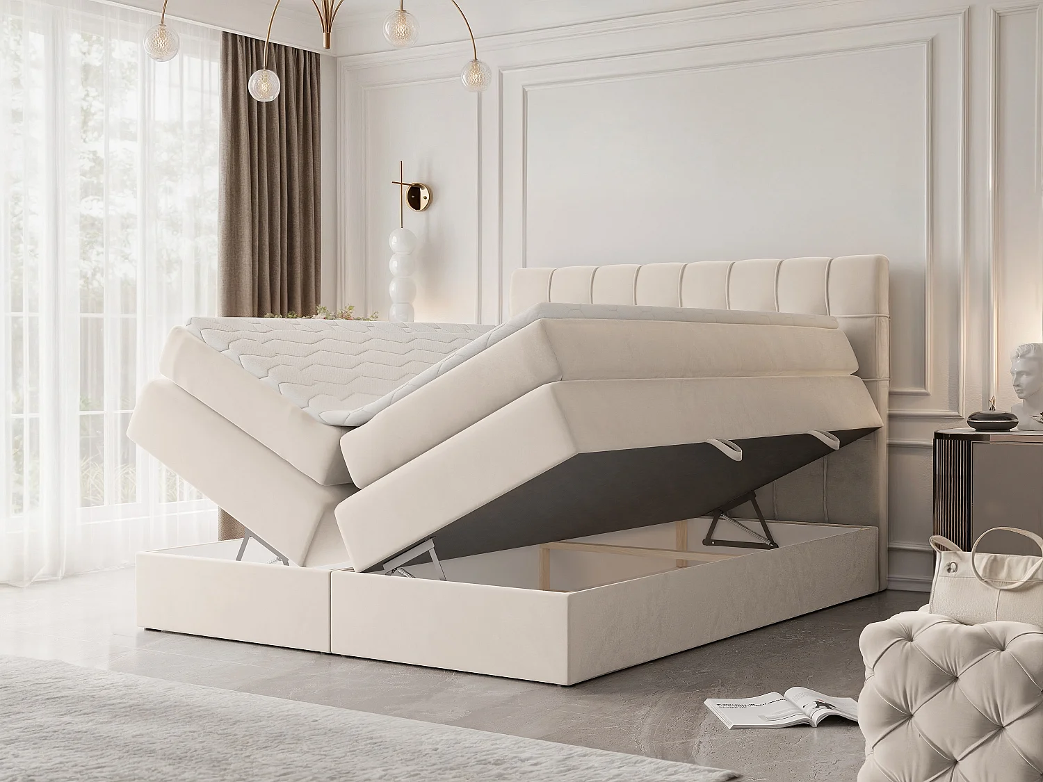 Lit continental rembourré avec surmatelas, beige - 120x200 - SANTINO