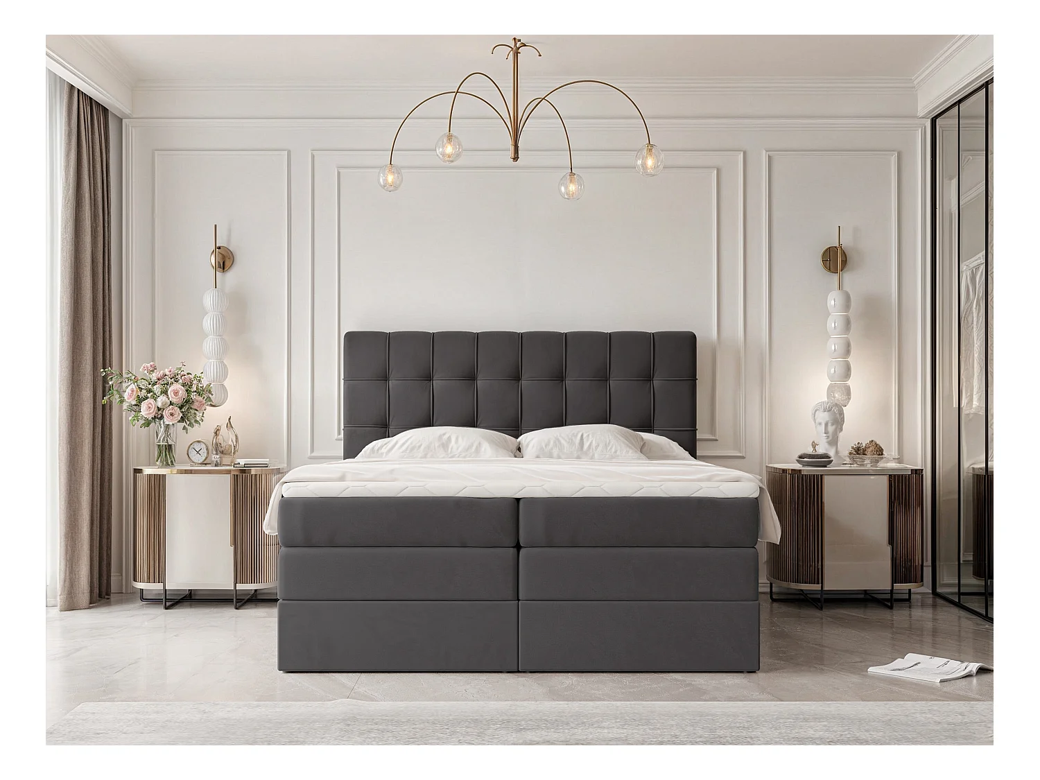 Lit continental rembourré avec surmatelas, noir - 140x200 - SANTINO