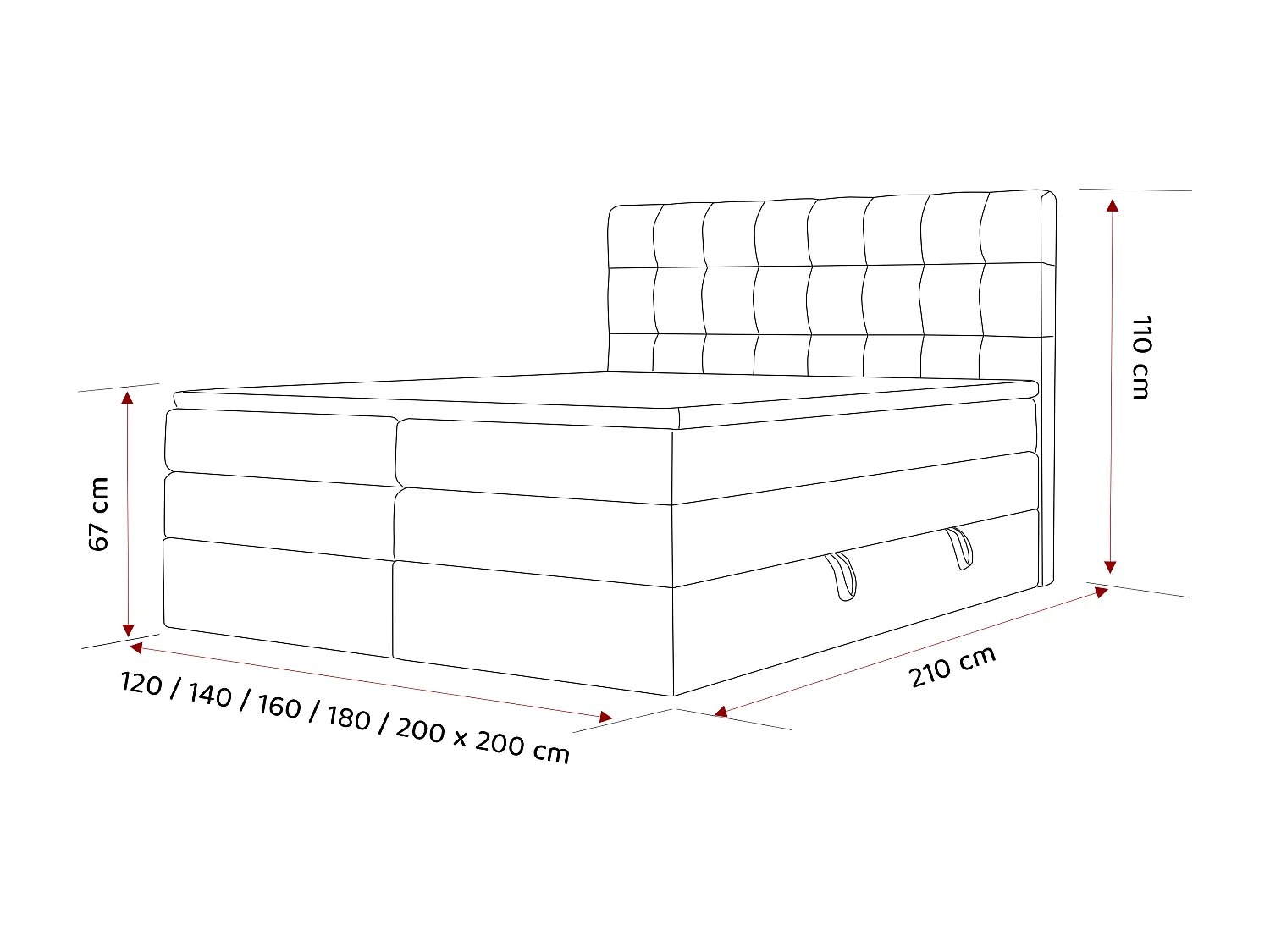 Lit continental rembourré avec surmatelas, noir - 140x200 - SANTINO