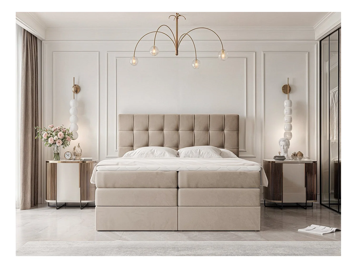 Lit continental rembourré avec surmatelas, marron - 140x200 - SANTINO