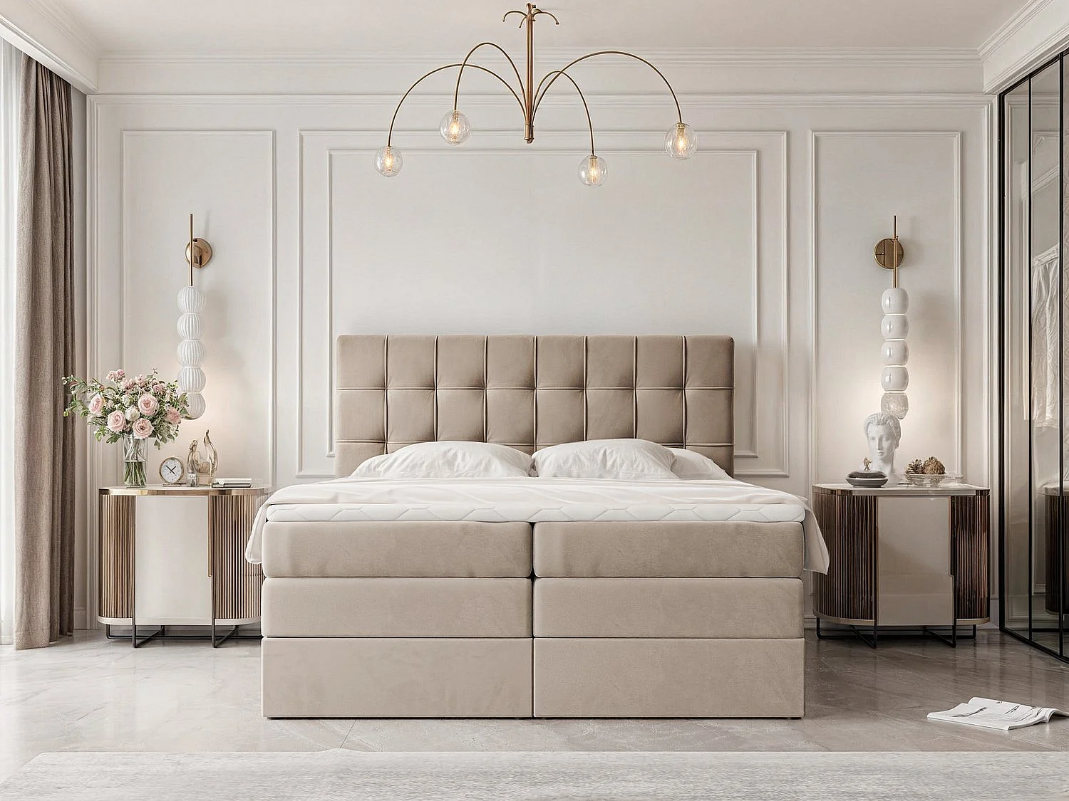 Lit continental rembourré avec surmatelas, marron - 140x200 - SANTINO