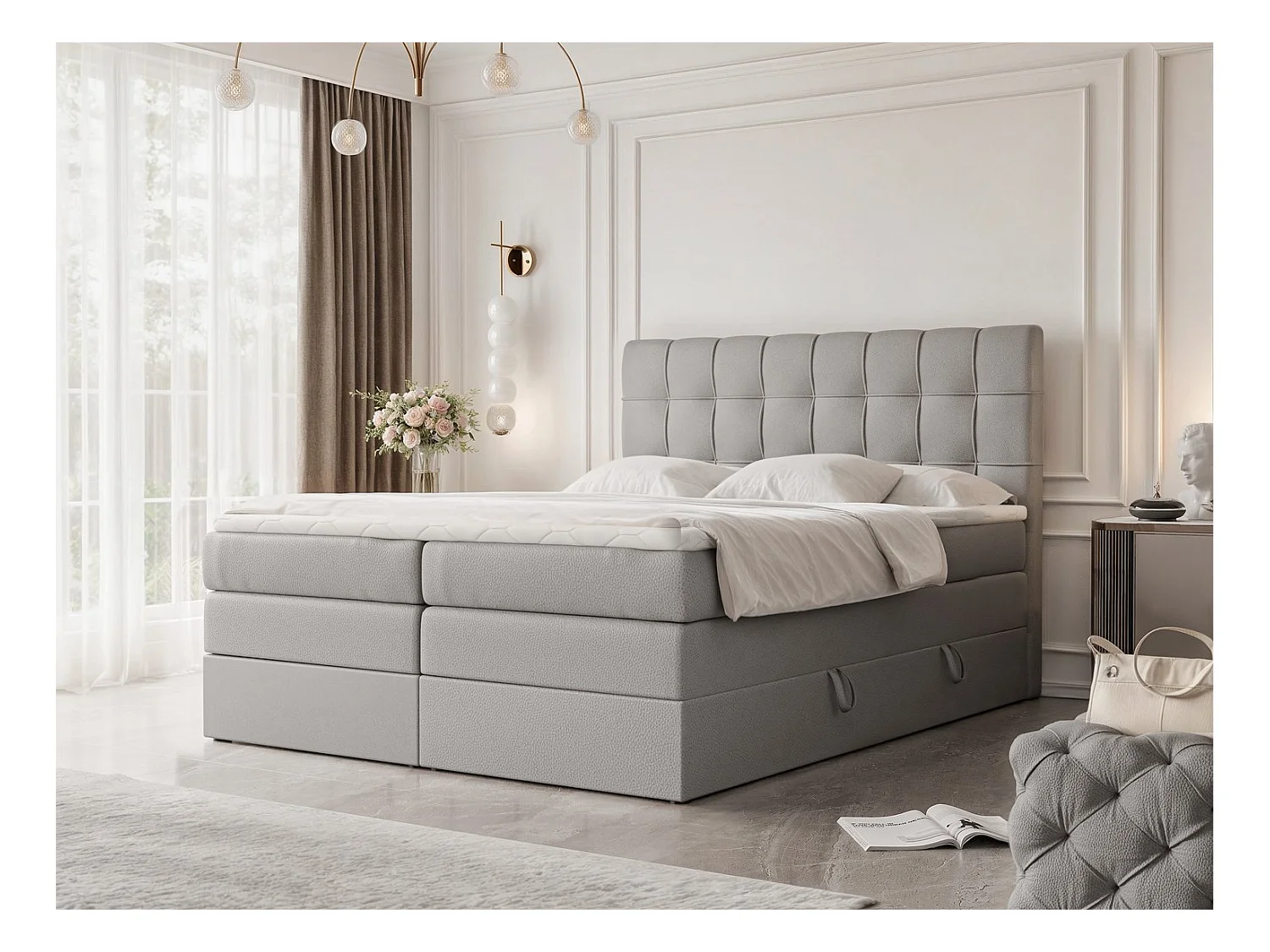 Lit continental rembourré avec surmatelas, gris  - 180x200 - SANTINO