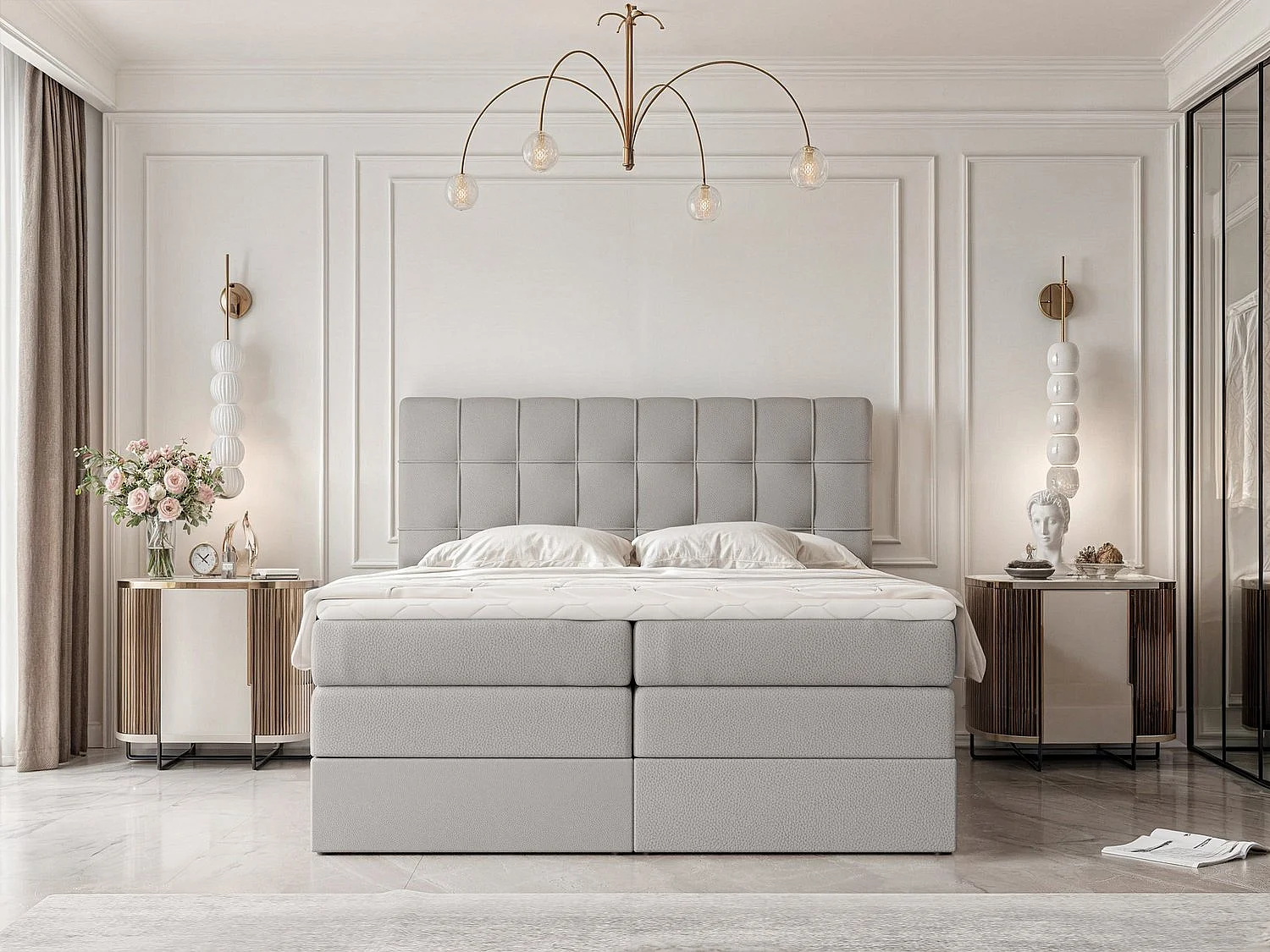 Lit continental rembourré avec surmatelas, gris  - 180x200 - SANTINO
