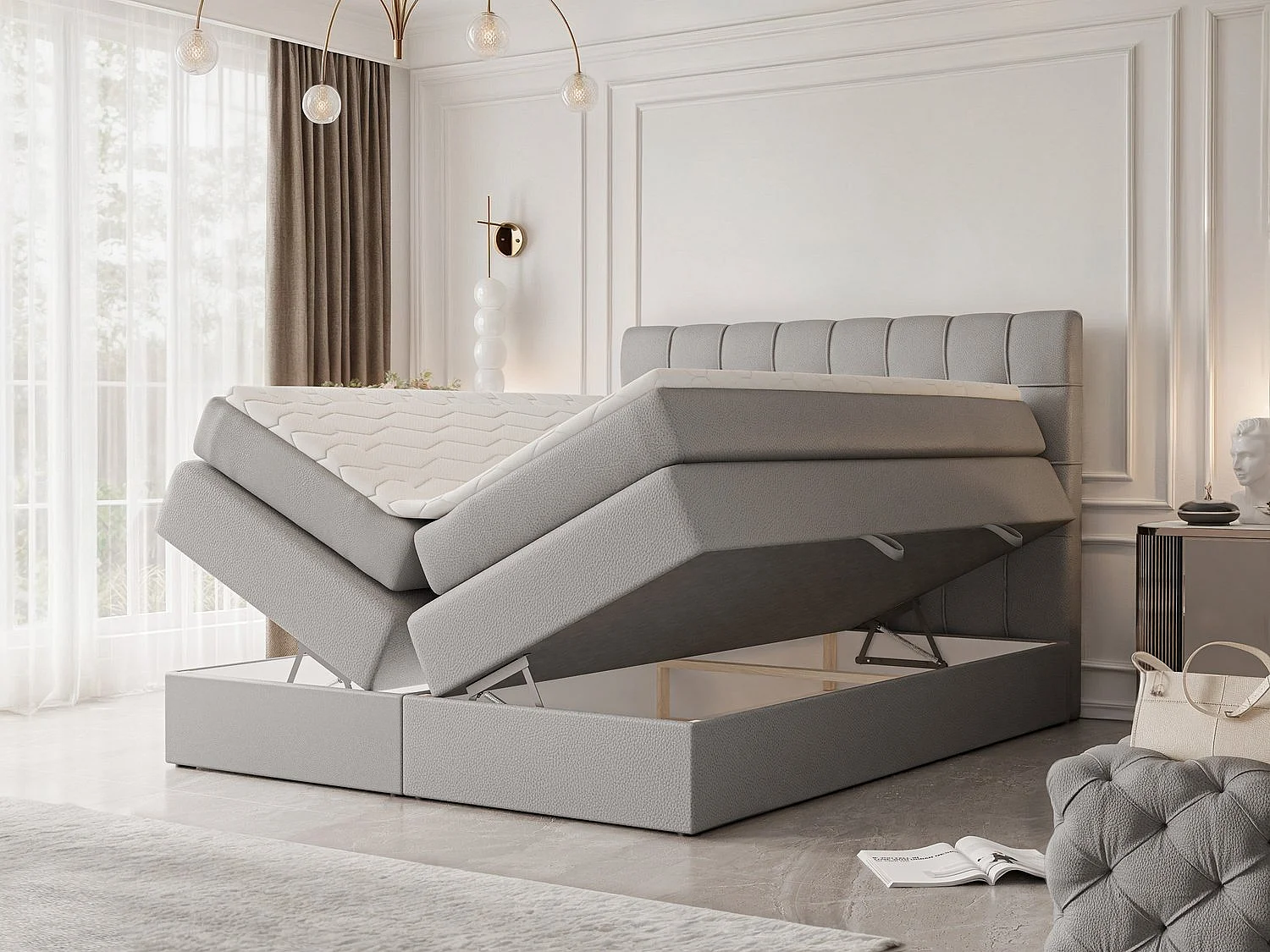 Lit continental rembourré avec surmatelas, gris  - 180x200 - SANTINO