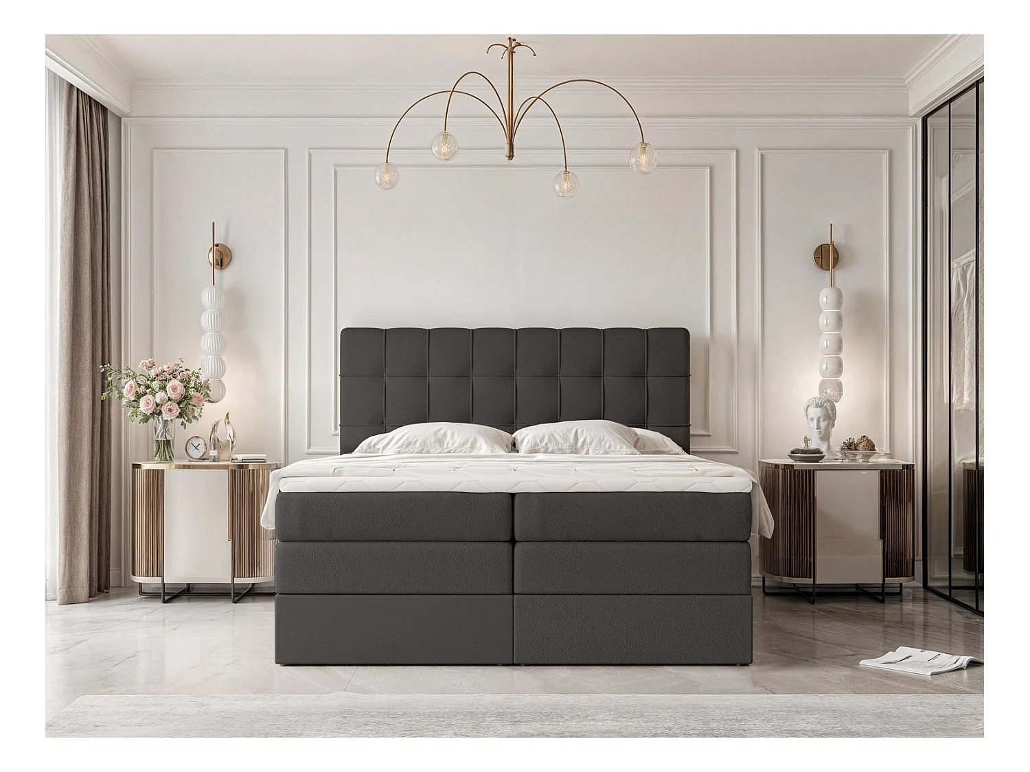 Lit continental rembourré avec surmatelas, noir  - 200x200 - SANTINO