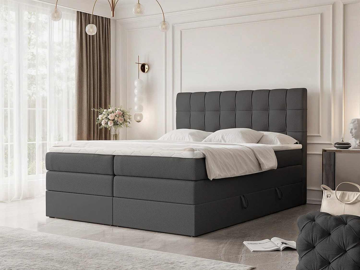 Lit continental rembourré avec surmatelas, noir  - 200x200 - SANTINO