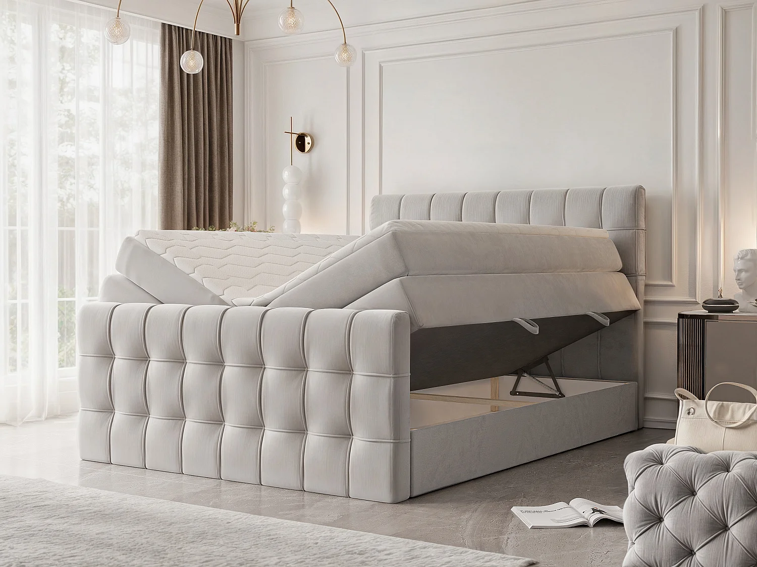 Lit continental rembourré avec surmatelas, gris clair - 160x200 - SANTORIO