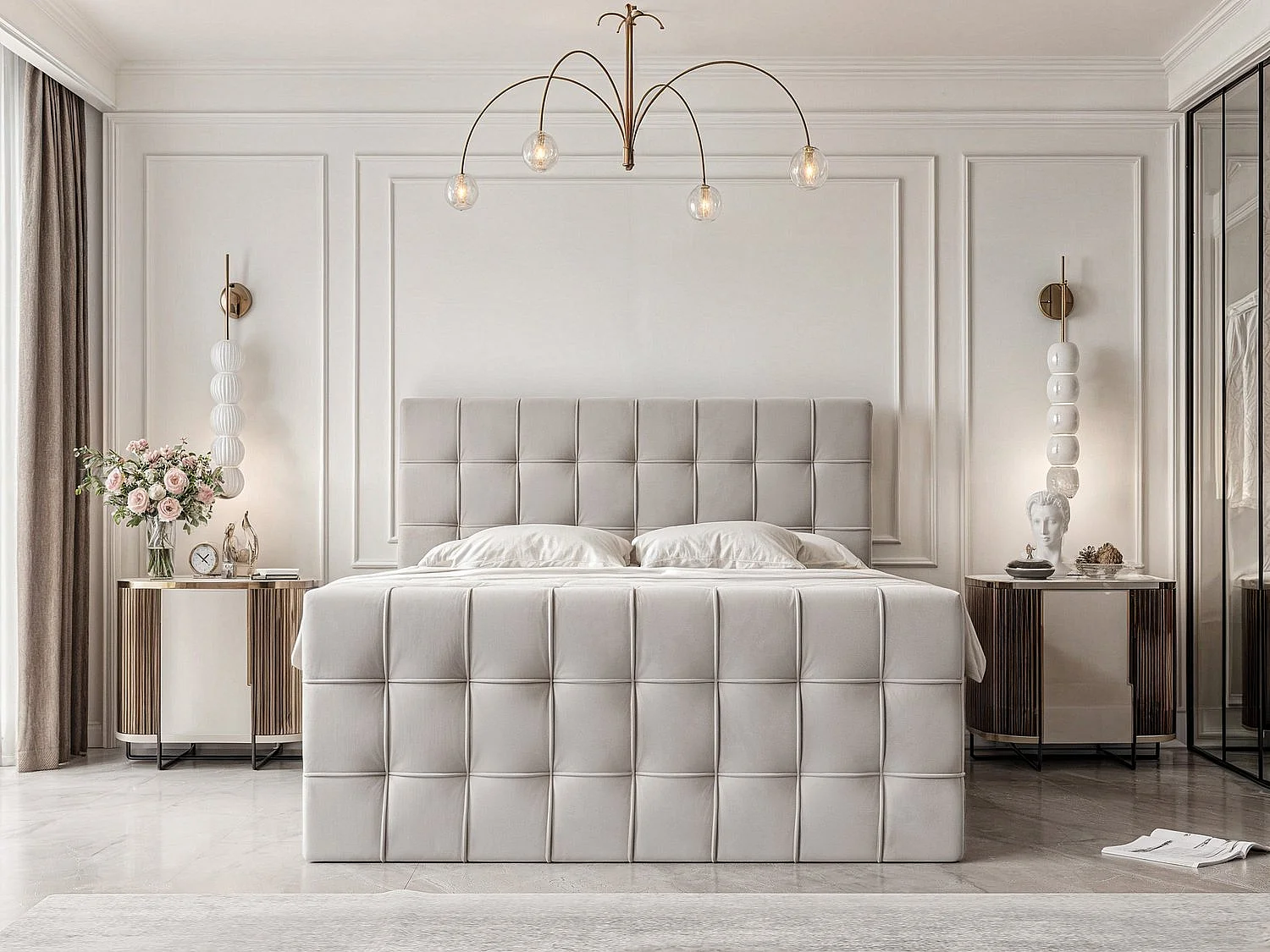 Lit continental rembourré avec surmatelas, gris clair - 160x200 - SANTORIO