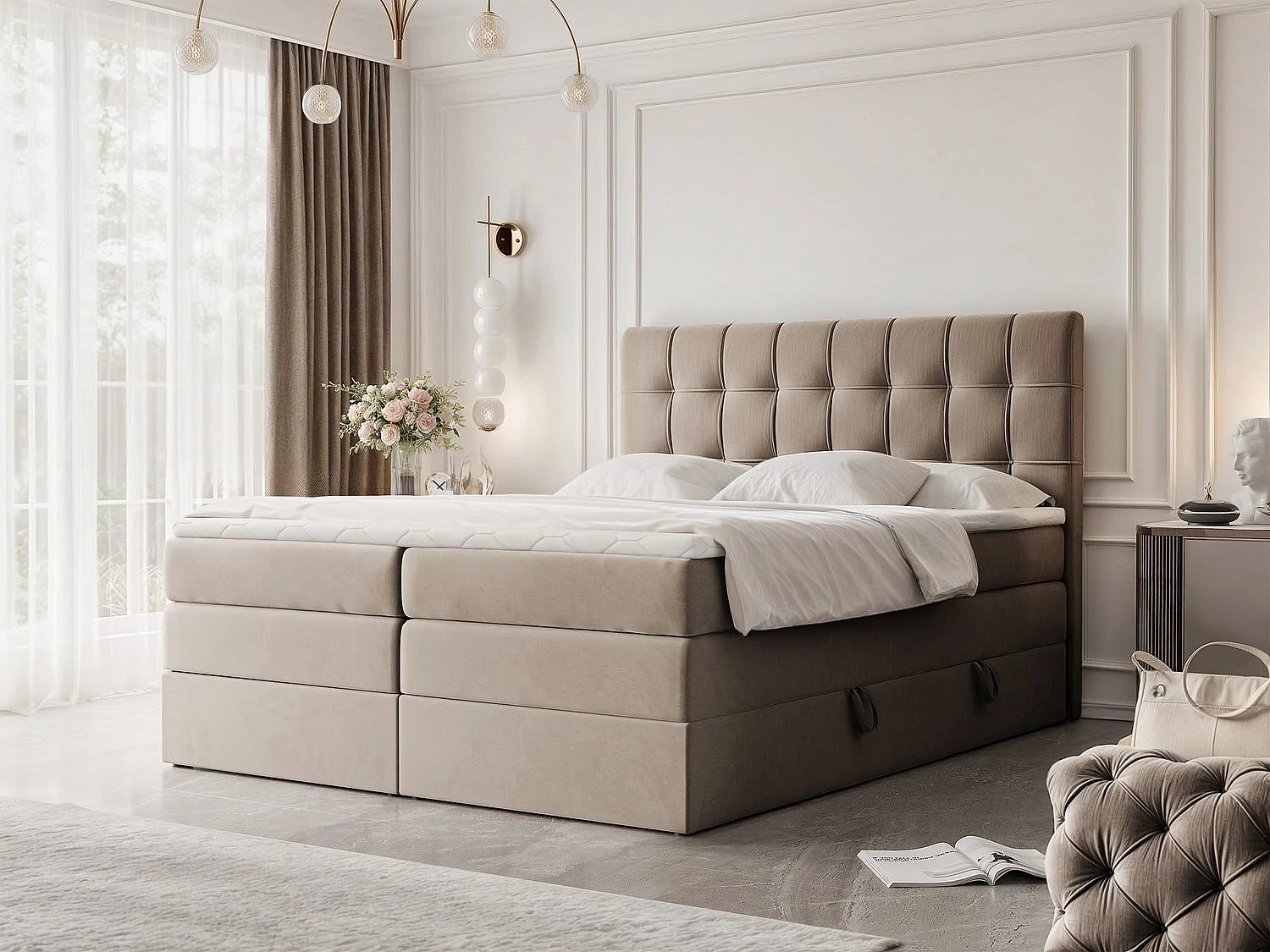 Lit continental rembourré avec surmatelas, marron - 180x200 - SANTINO