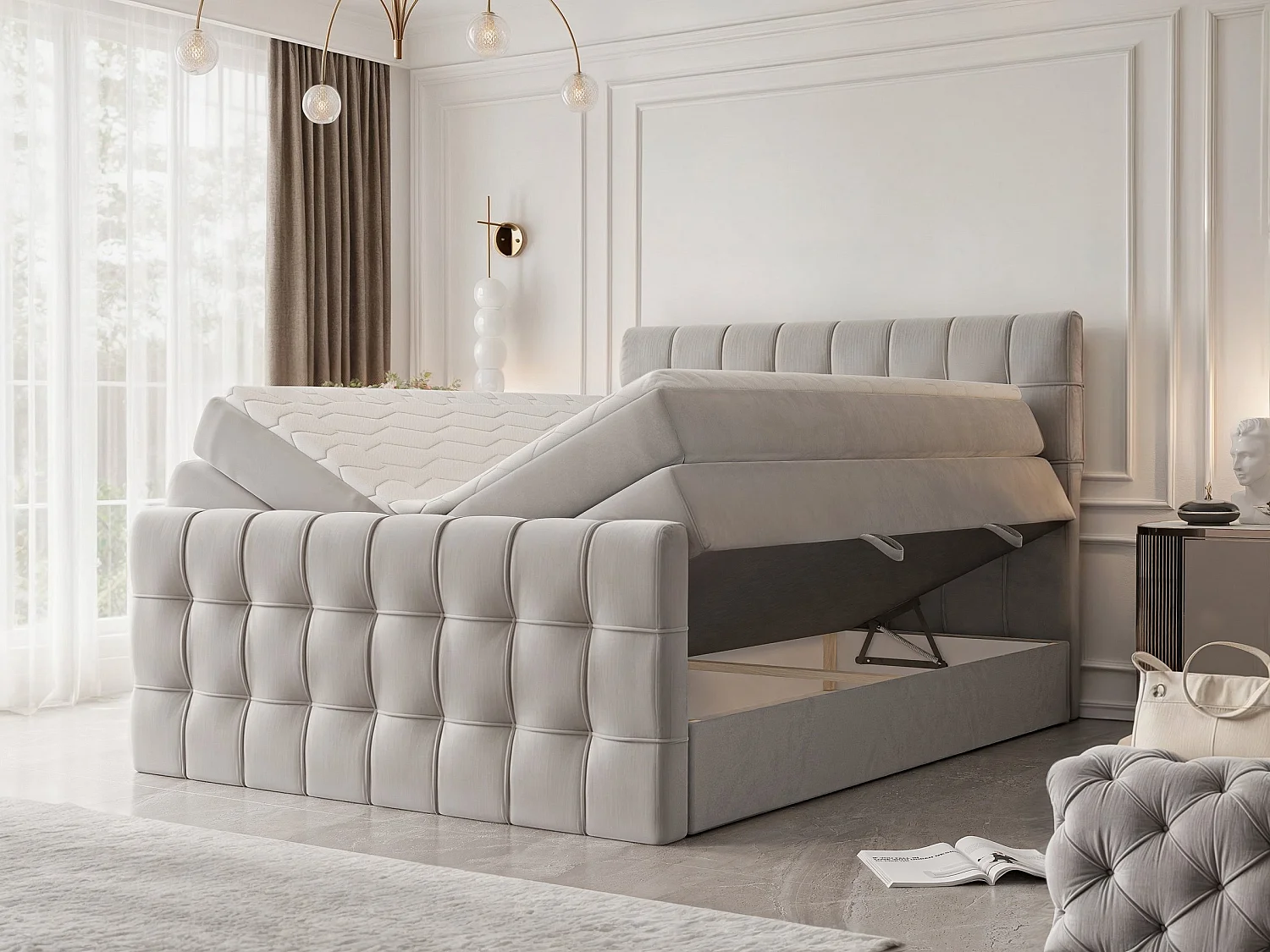 Lit continental rembourré avec surmatelas, gris - 160x200 - SANTORIO