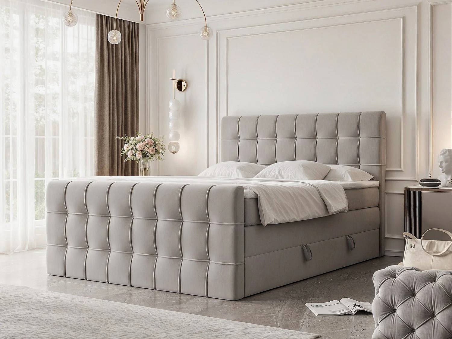 Lit continental rembourré avec surmatelas, gris - 160x200 - SANTORIO