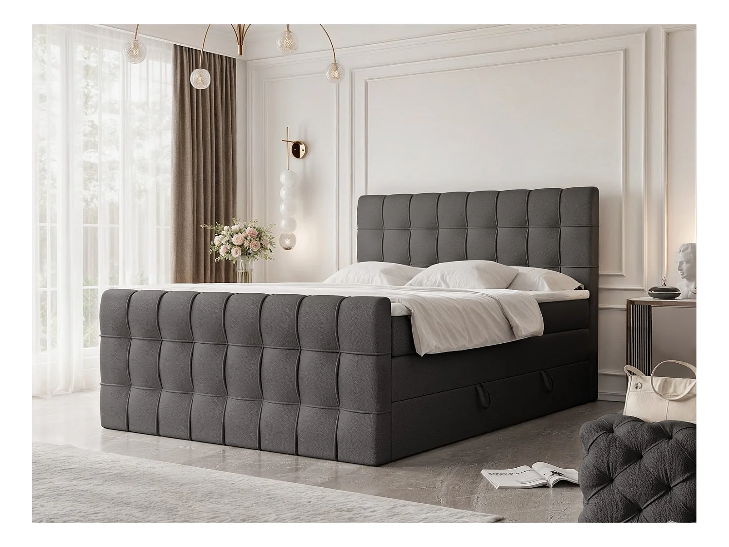 Lit continental rembourré avec surmatelas, noir  - 160x200 - SANTORIO
