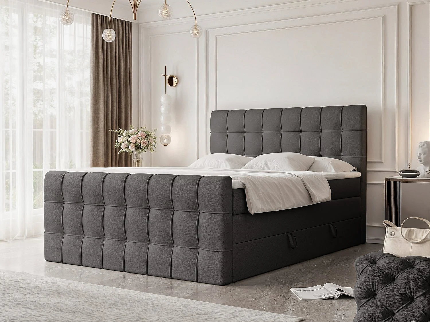 Lit continental rembourré avec surmatelas, noir  - 160x200 - SANTORIO