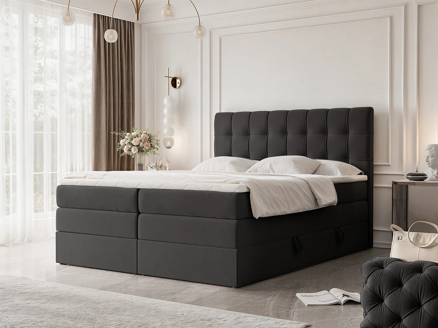 Lit continental rembourré avec surmatelas, gris anthracite - 140x200 - SANTINO