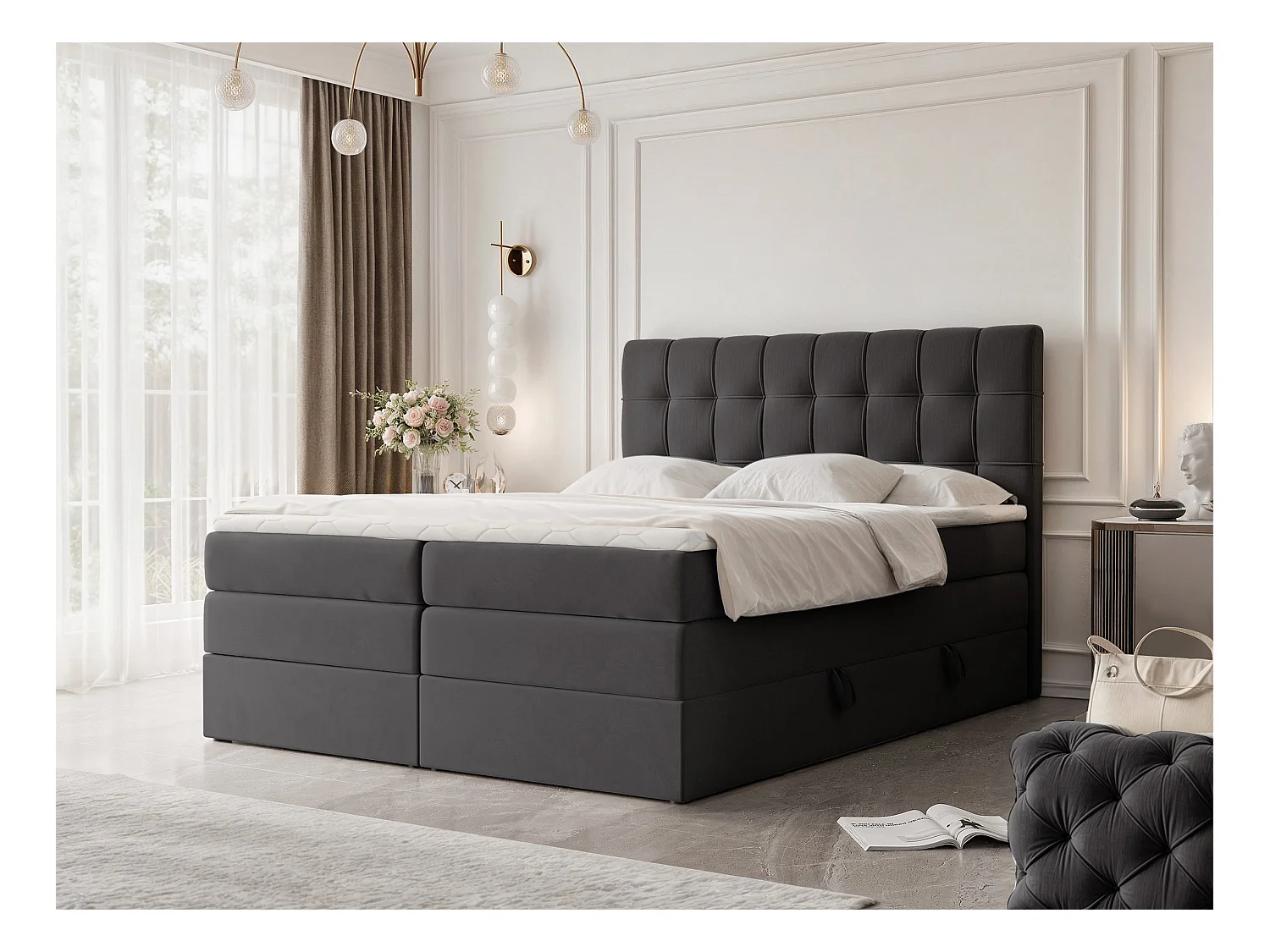 Lit continental rembourré avec surmatelas, noir - 160x200 - SANTINO